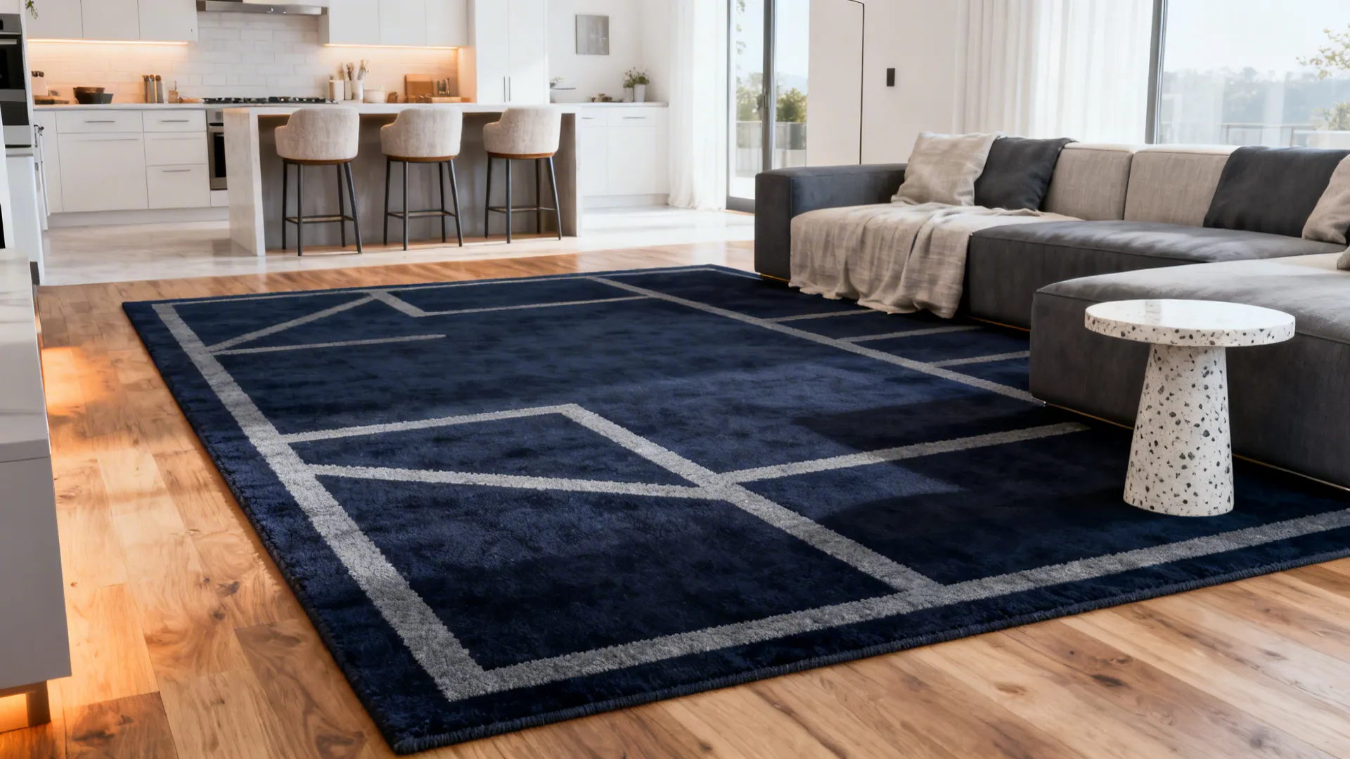 Open-plan living room with a navy rug featuring grey geometric lines anchoring the seating area.