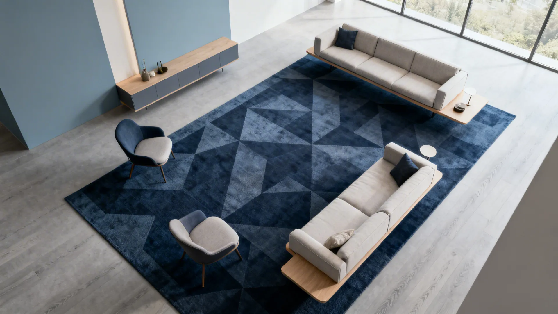 3. Pattern Play: Navy Geometric Rugs on Pale Gray Floors