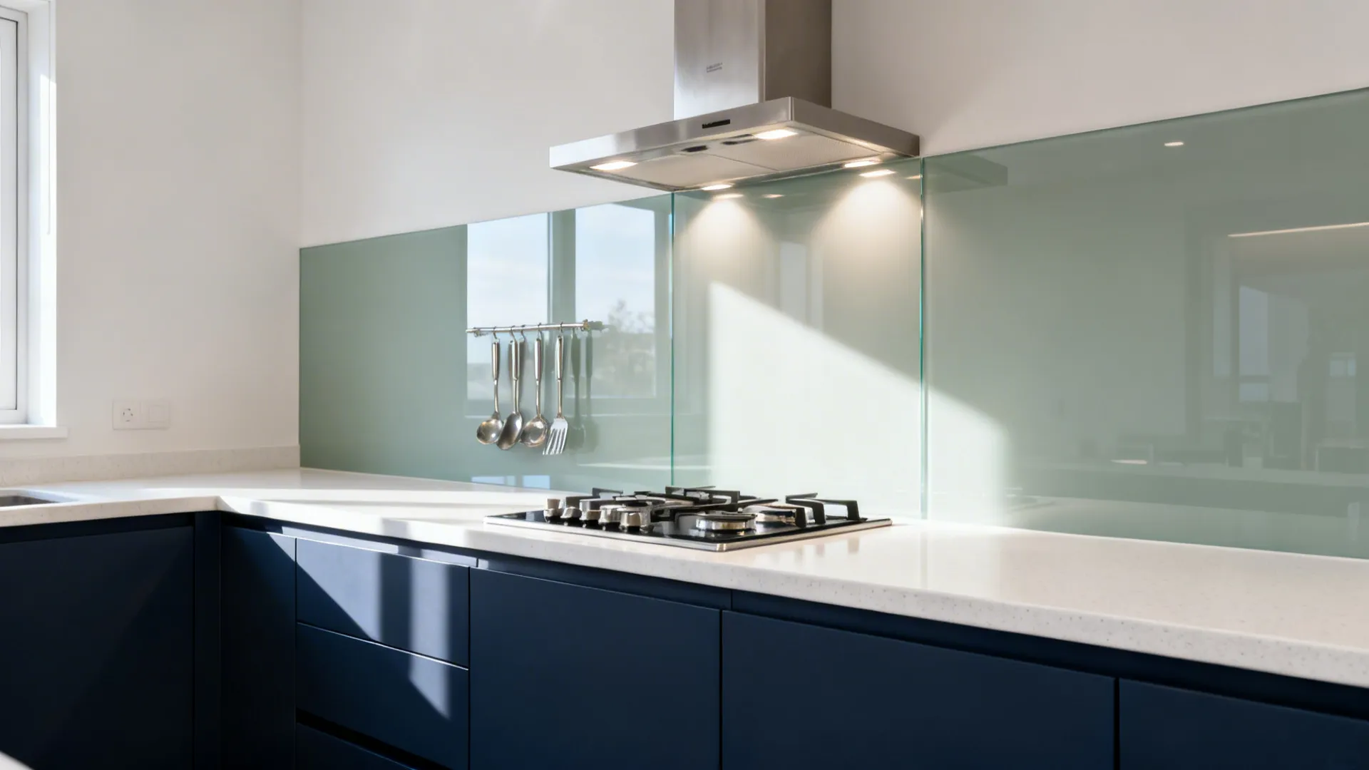 Navy base cabinets paired with a pale grey-green glass backsplash reflecting soft daylight.