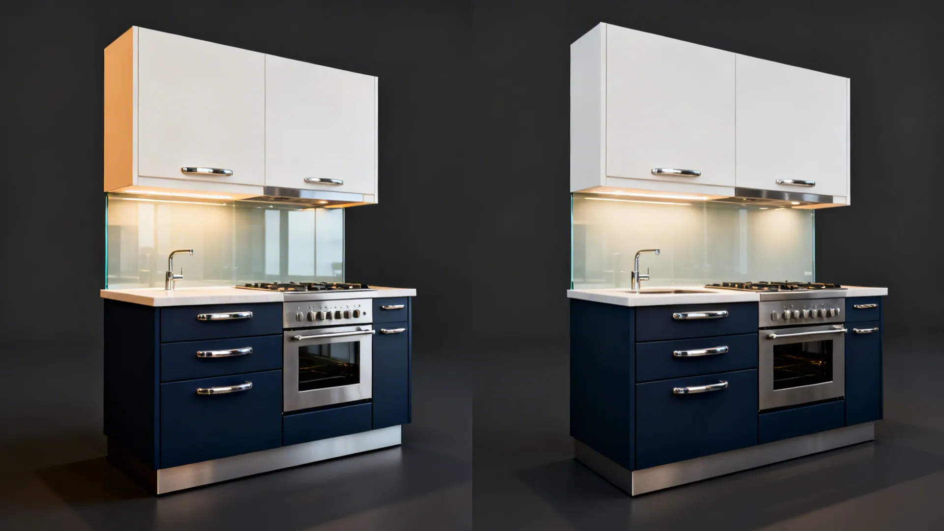 Before-and-after showing navy lowers, white uppers, and glass backsplash boosting brightness.