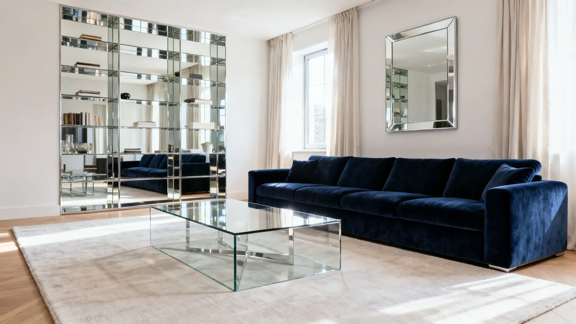 Deep navy sectional with glass table, mirror accents, and light rug brightening the room.