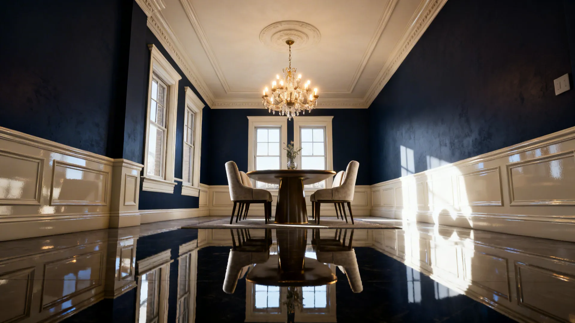 All-navy dining room with high-gloss white trim and a glowing chandelier