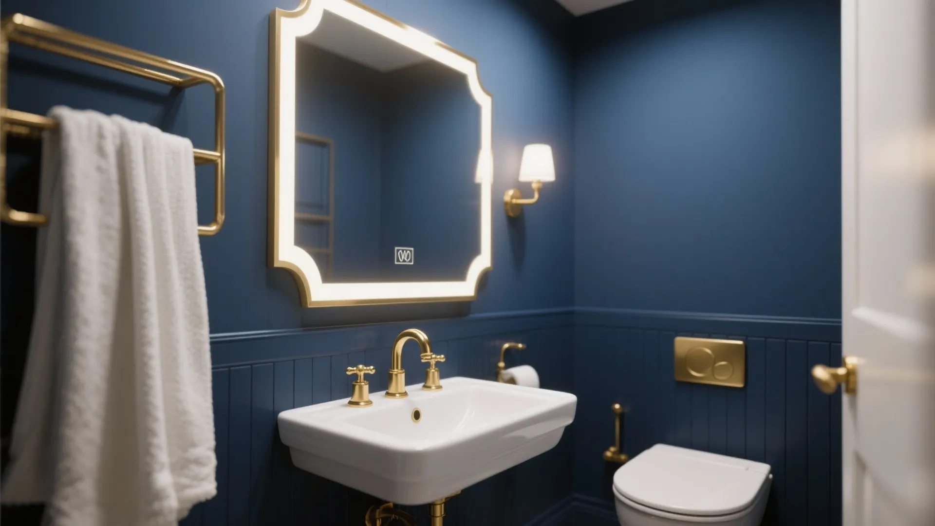 Navy blue bathroom with white sink gold faucets lighted mirror wall panel and wall light