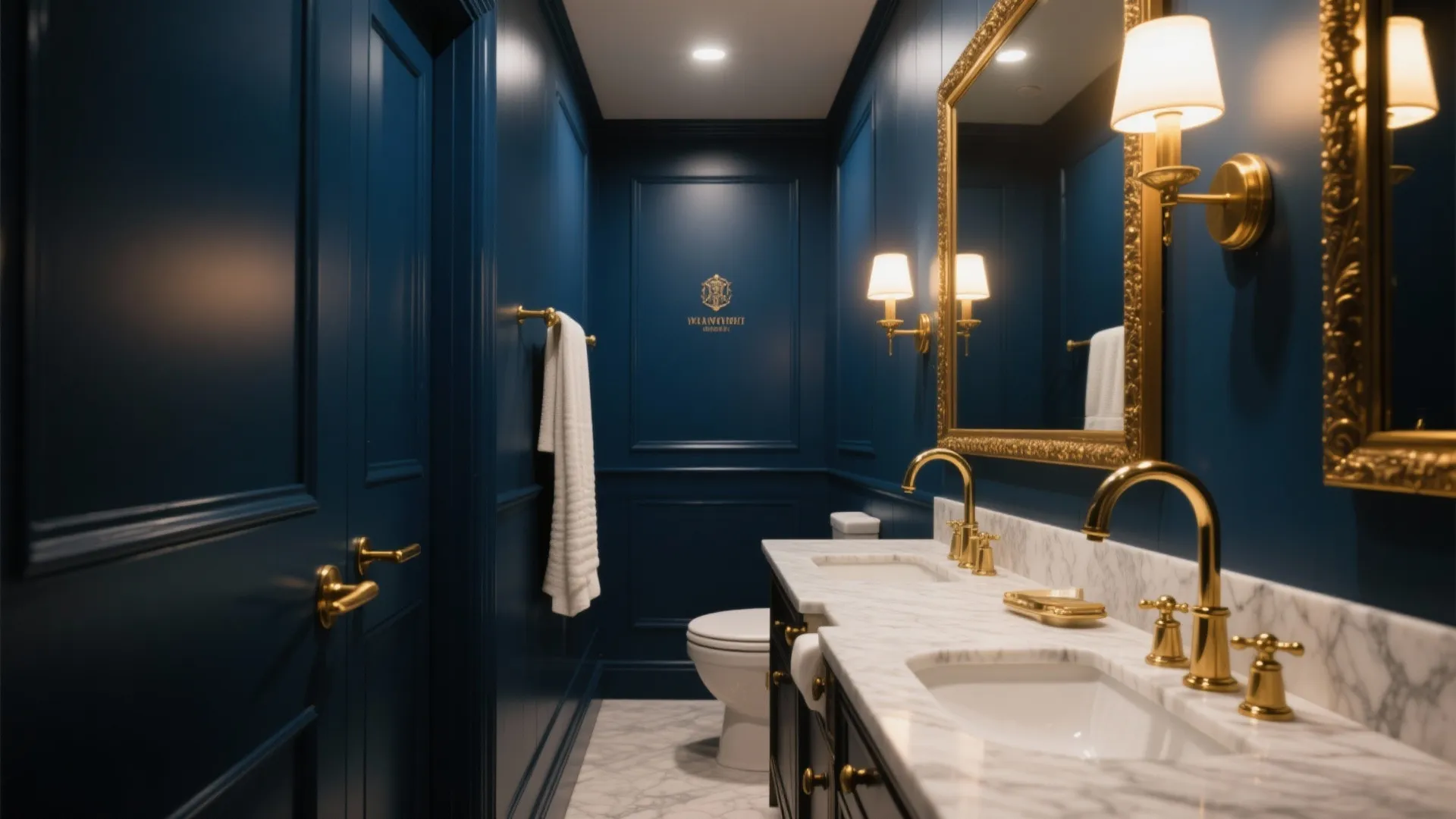 1. Navy Walls with Gold Fixtures