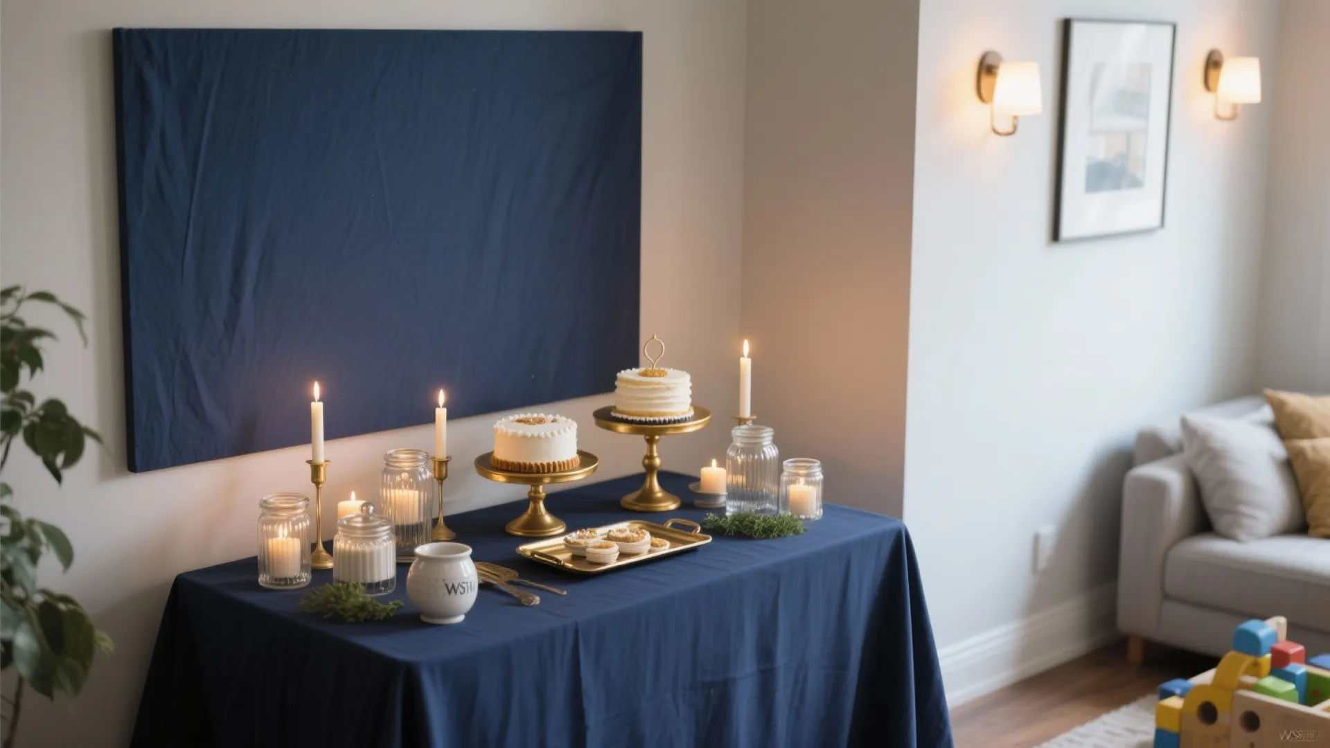 Navy-and-Gold Dessert Corner with a Simple Backdrop