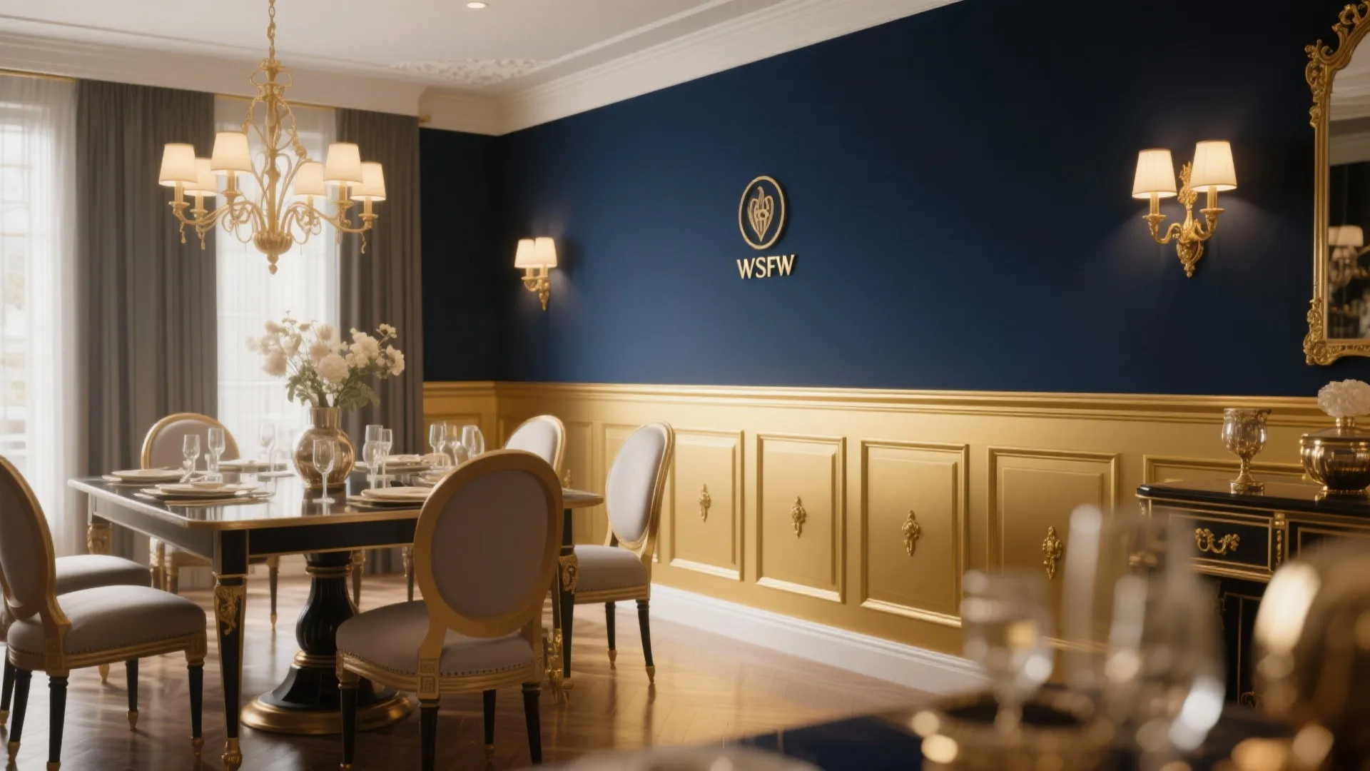 Luxury dining room with navy blue walls gold wall panel golden ceiling light and elegant chairs
