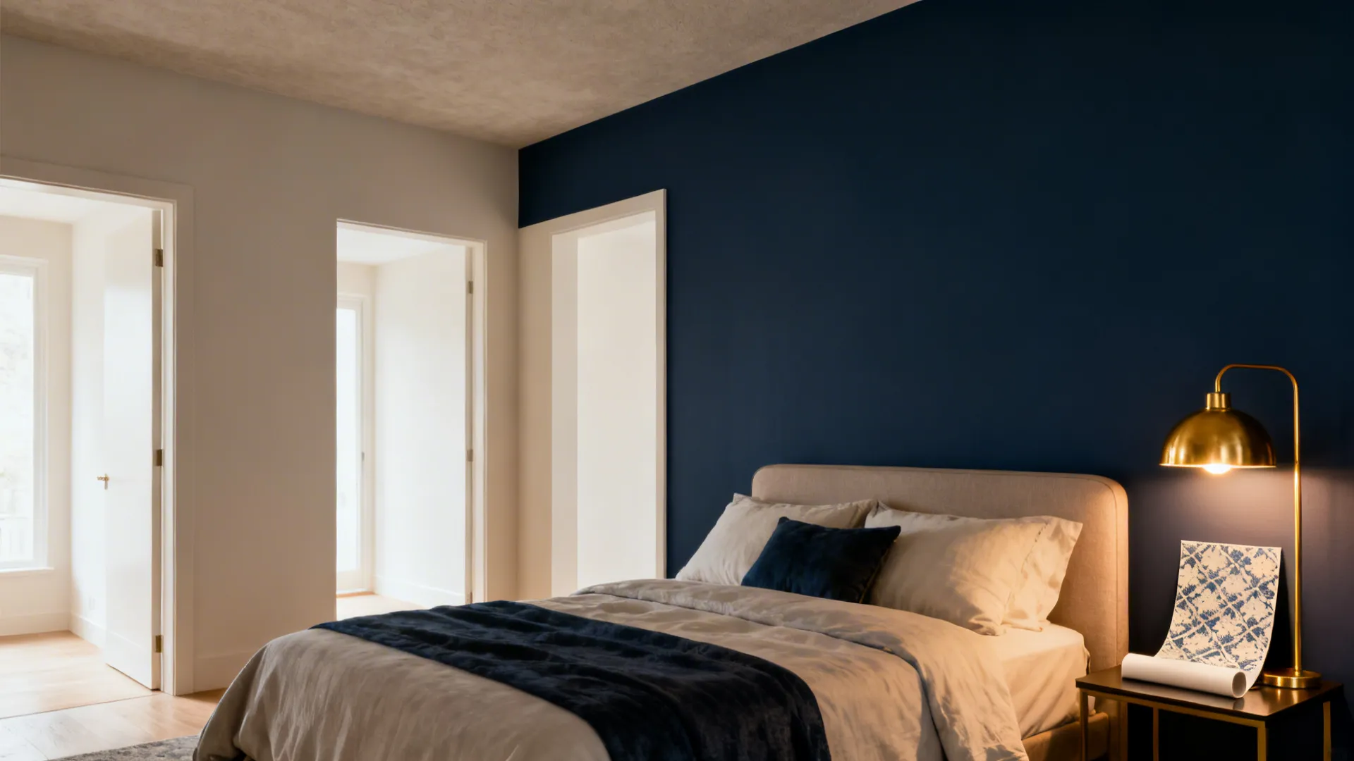 Inviting small bedroom scene showing navy accent and gold accents with removable samples for rental-friendly options.