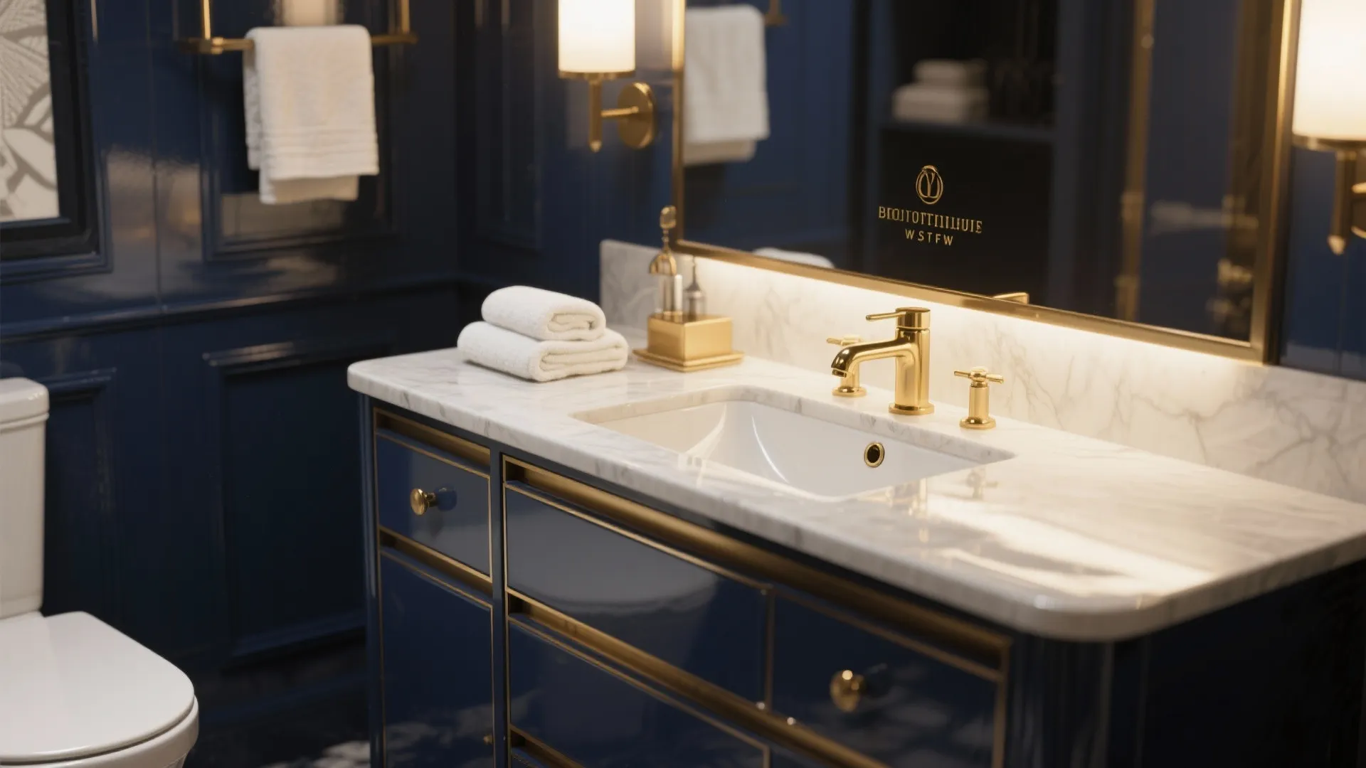 4. Navy vanity with integrated gold sink fixtures