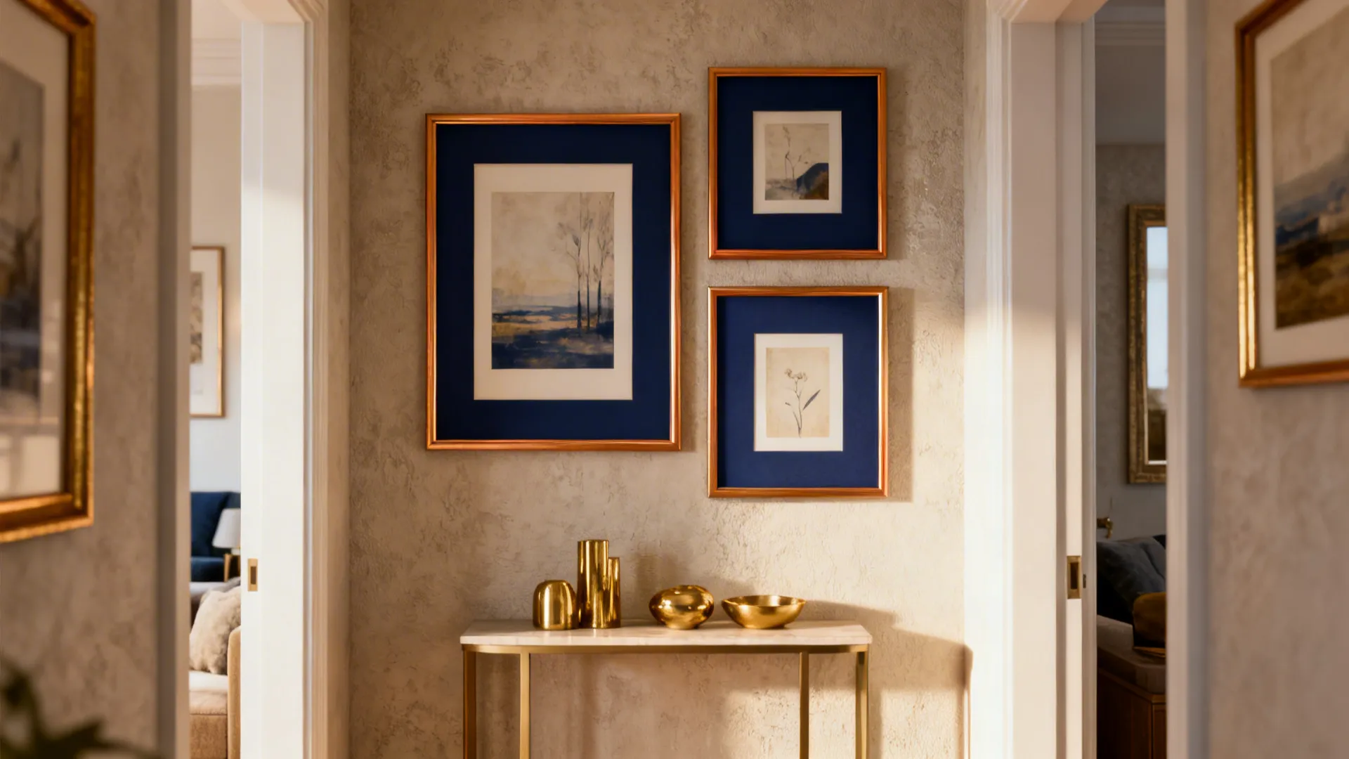 Small gallery wall with navy mats and thin warm gold frames with coordinating accessories