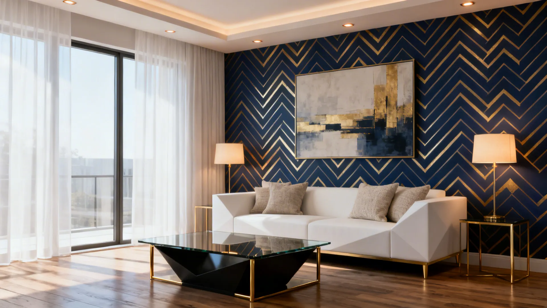 Modern living room with a navy and gold geometric chevron accent wall anchoring the space