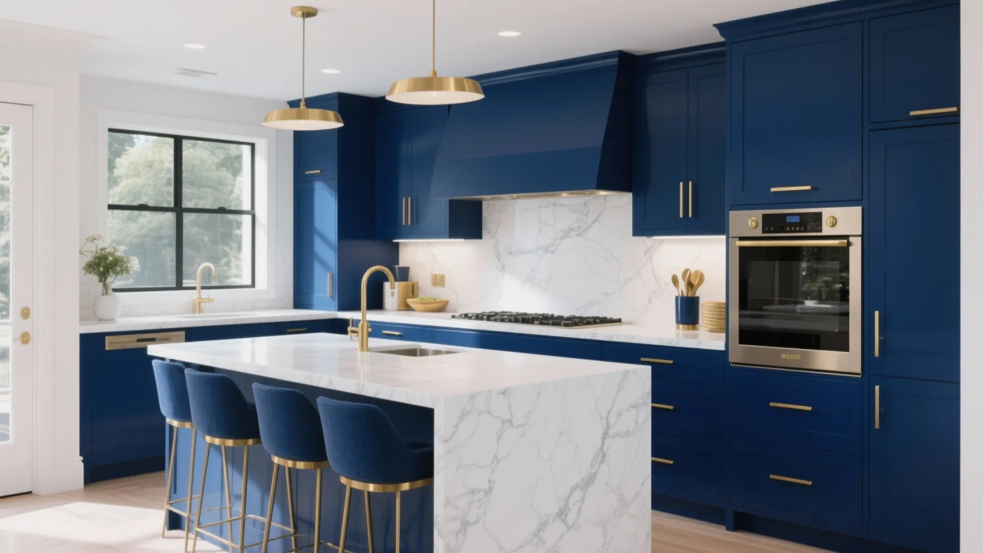 Navy blue kitchen with marble island gold ceiling lights blue bar stools and white wall oven