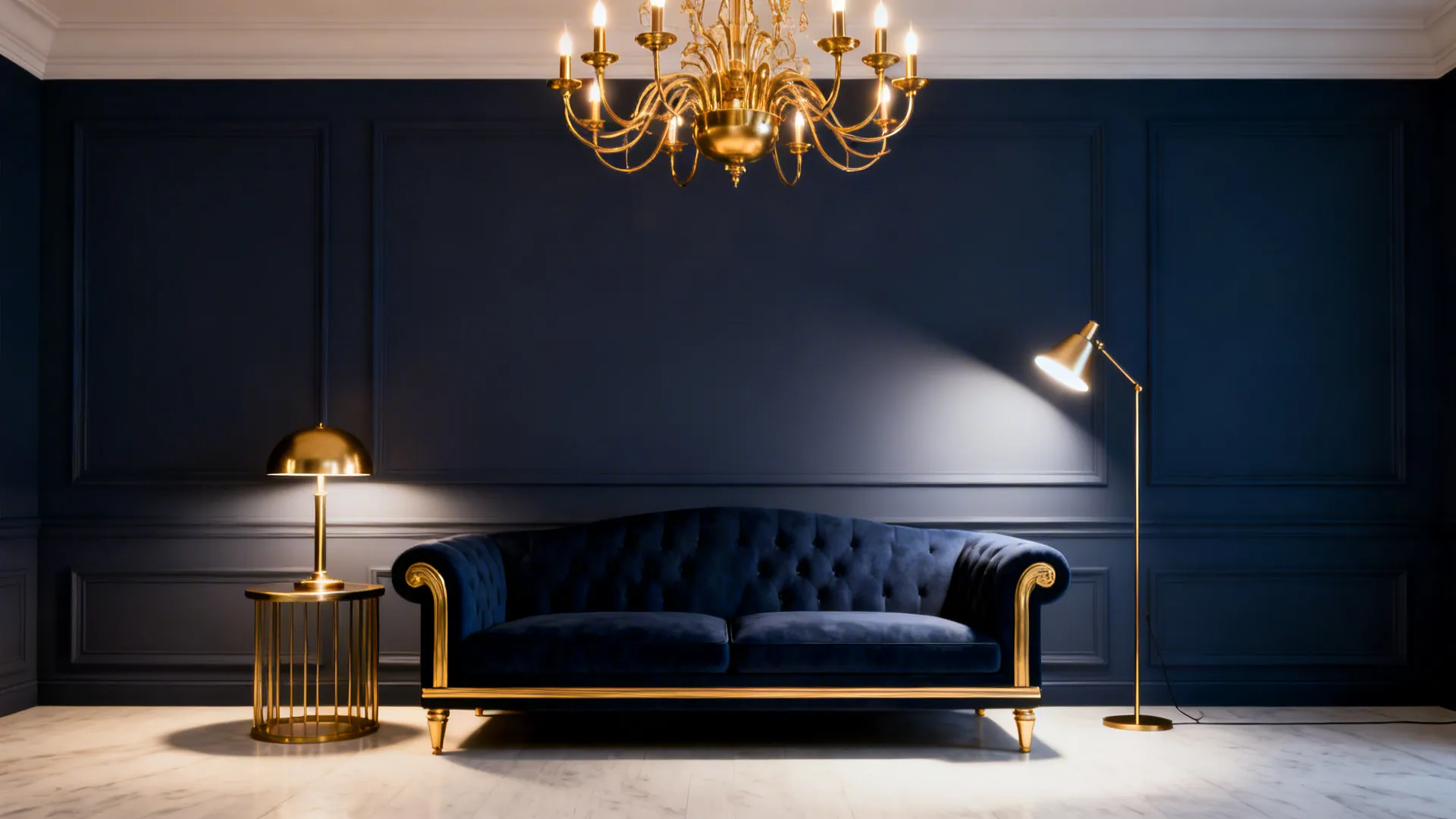 Layered warm lighting with a gold chandelier and lamps warming navy furniture in a small living room.
