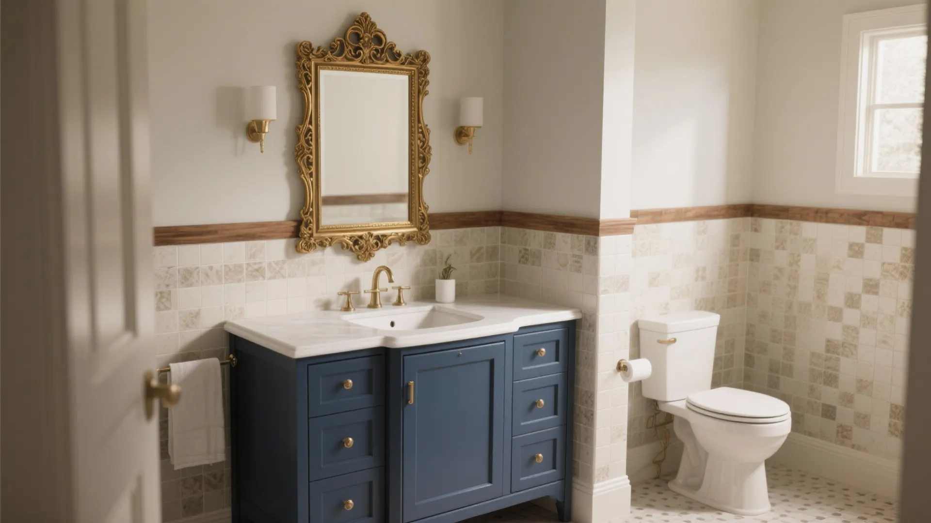 5. Transitional navy vanity with decorative gold mirror frame