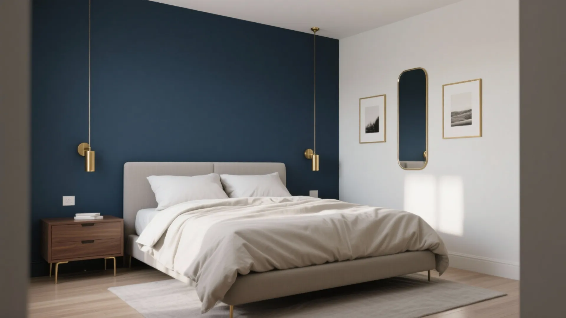 Idea 1: Deep navy feature wall, brushed gold touches