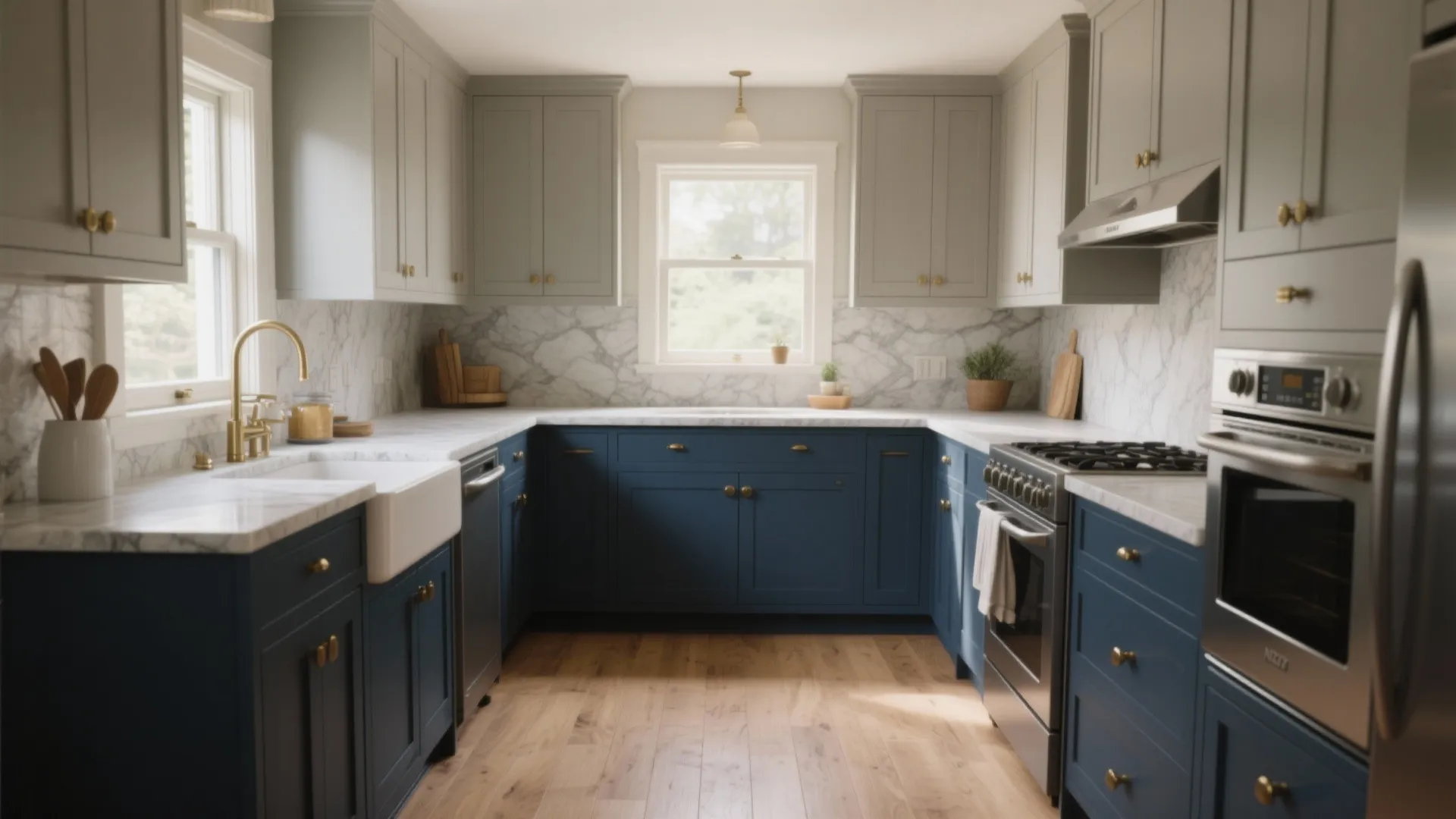 Modern kitchen with blue lower cabinets, grey upper cabinets, white marble backsplash, and wooden flooring