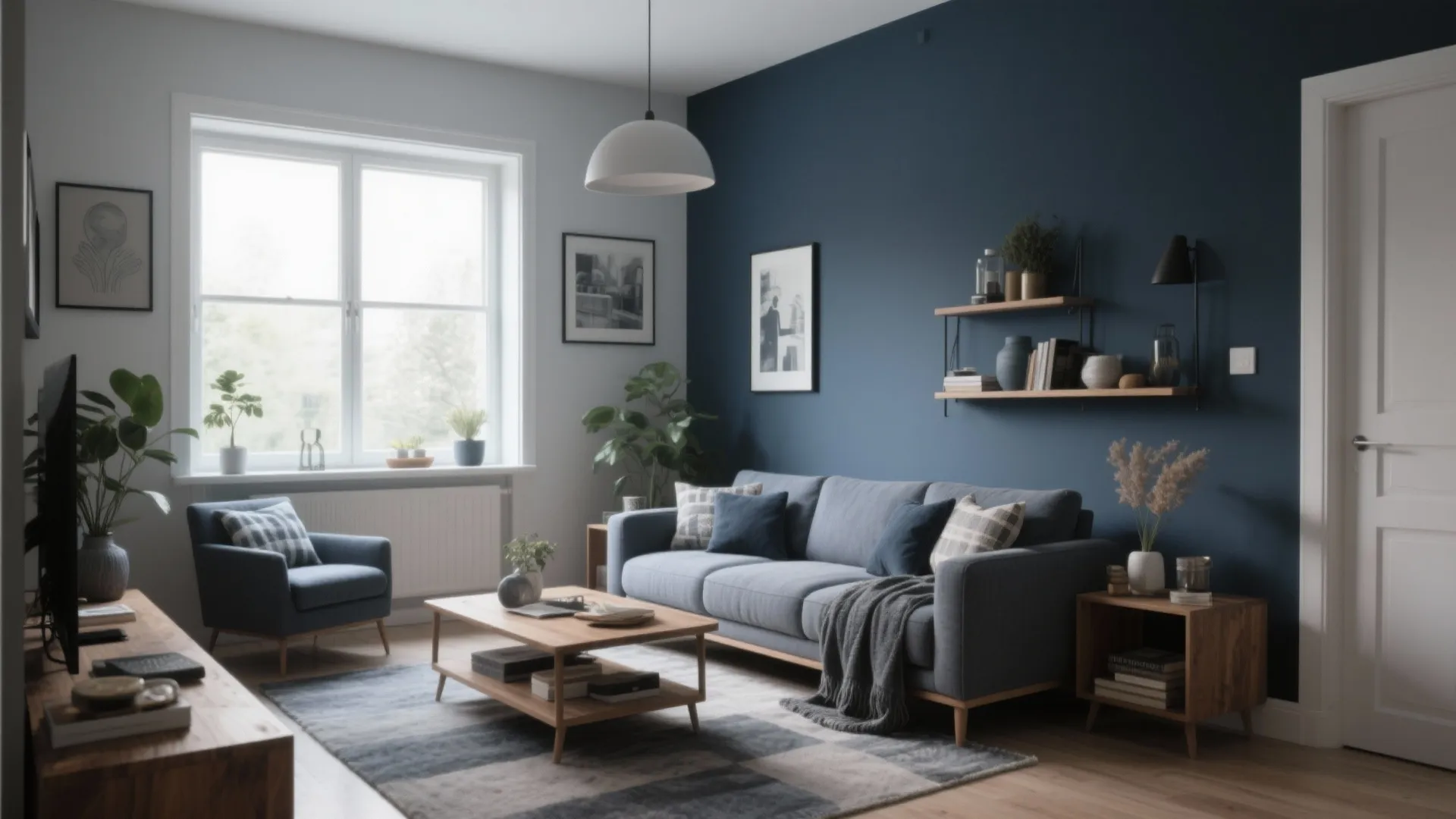Cozy living room with navy blue accent wall grey sofa wooden coffee table and white window