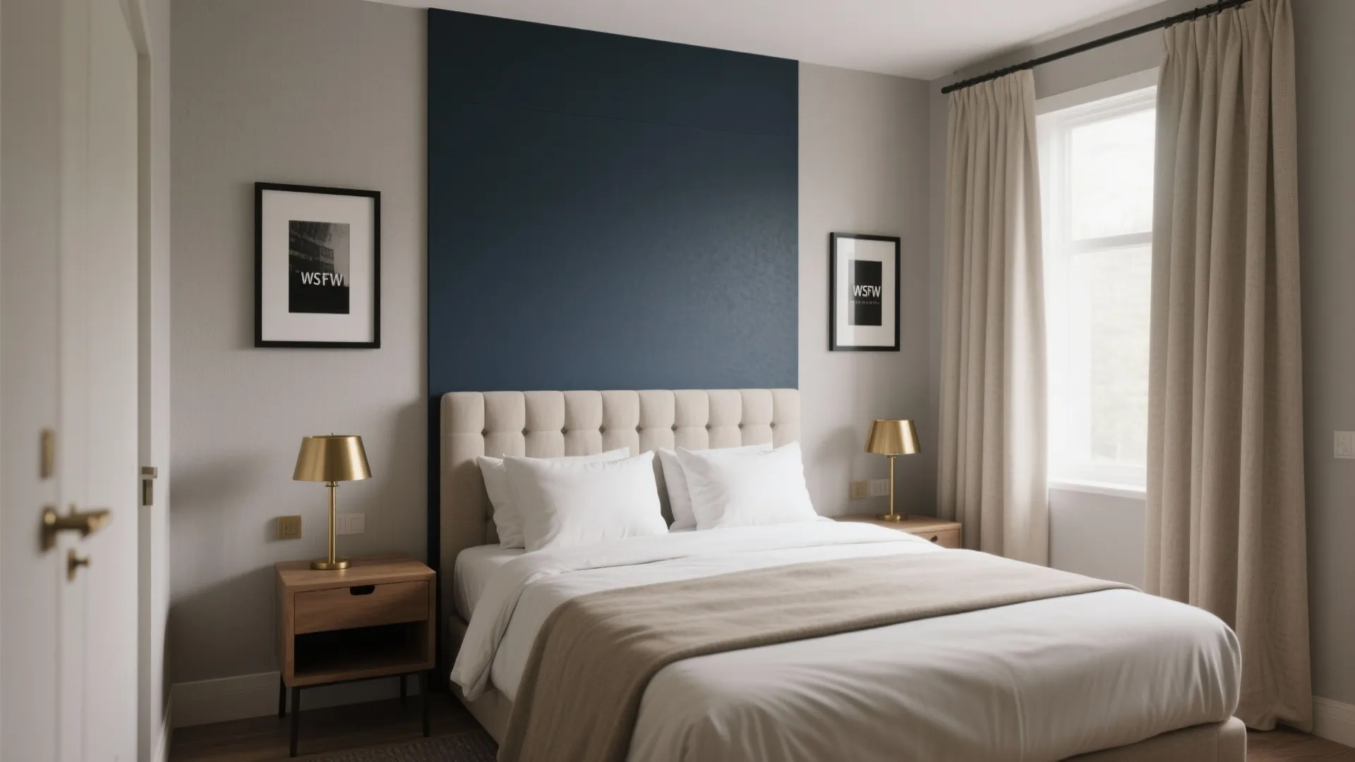 Modern bedroom with navy blue wall panel white bed beige curtains and gold table lamps