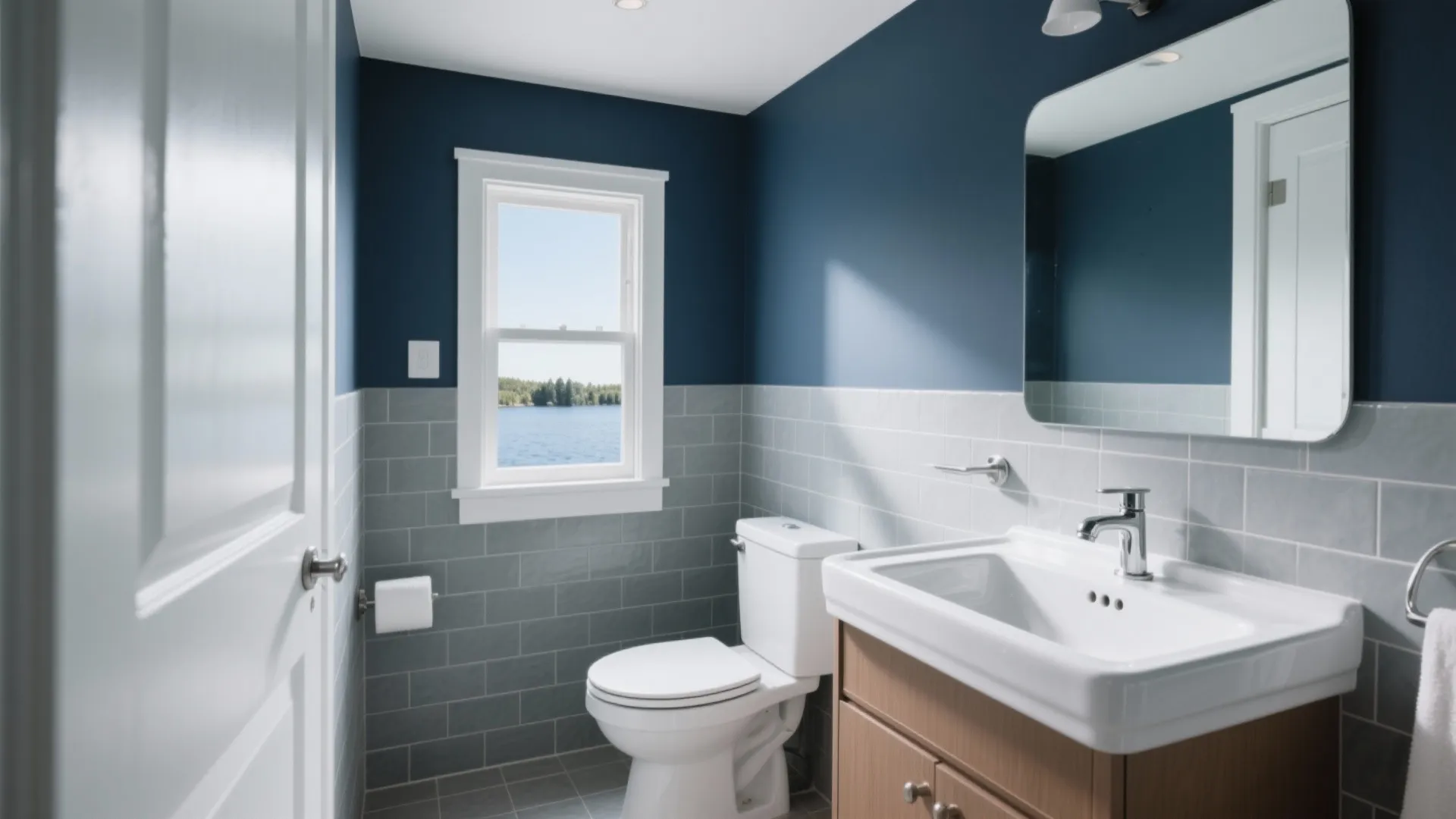 Modern bathroom with blue walls grey tiles white toilet wooden cabinet and window with lake view