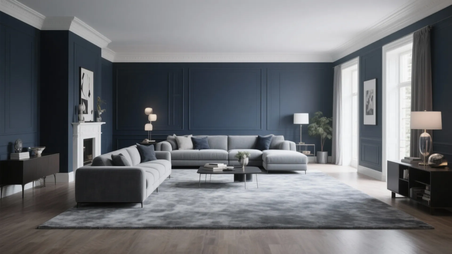 Large living room with deep navy walls and grey carpet