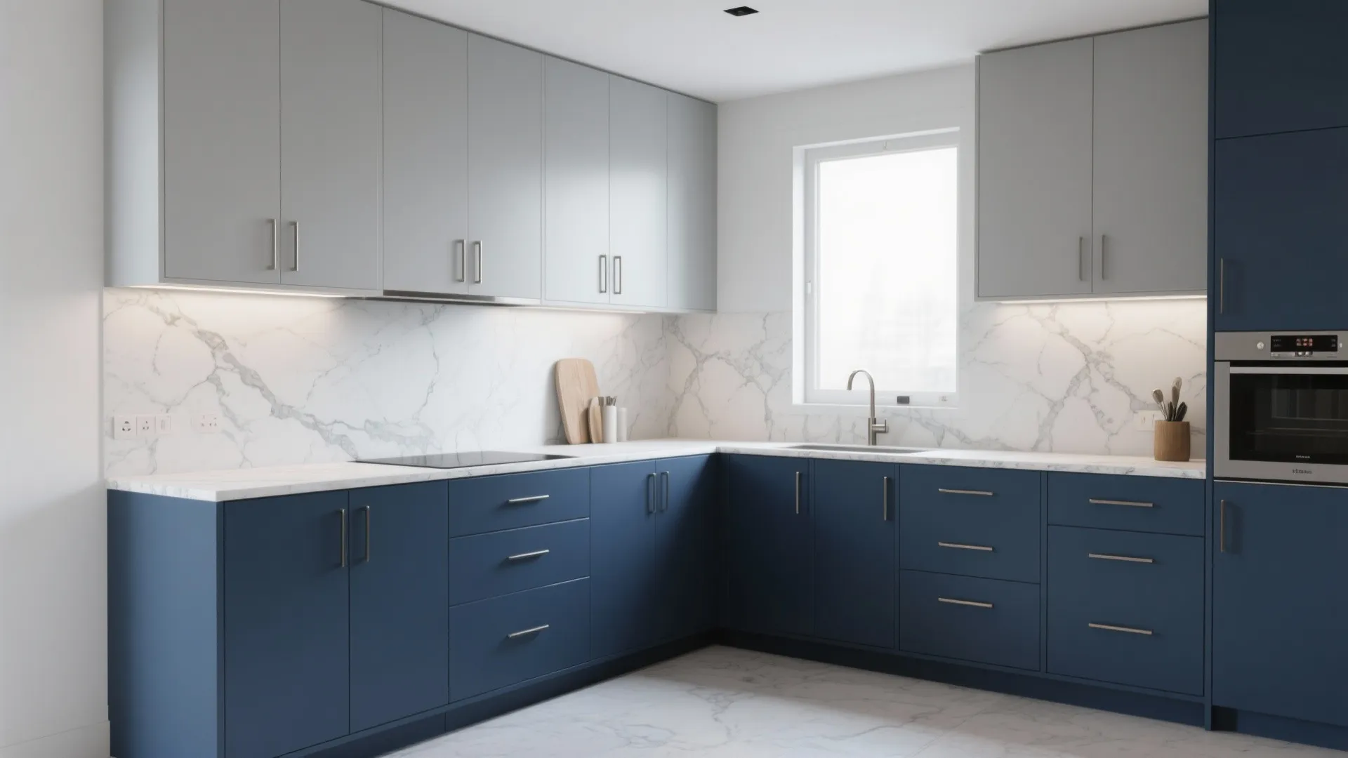 Modern kitchen with navy blue bottom cabinets grey top cabinets and white marble wall panels