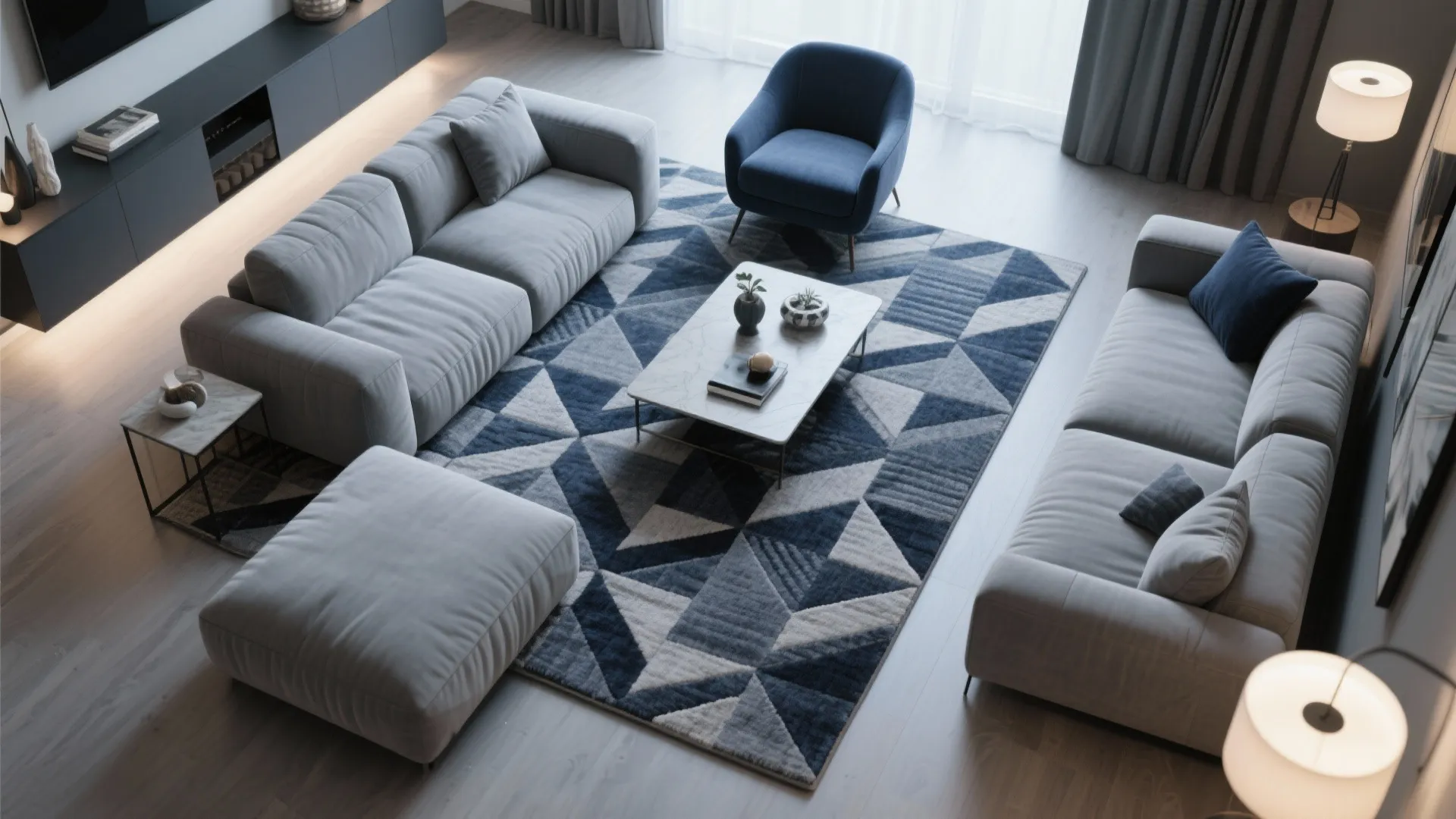 3. Navy and Grey Geometric Rug