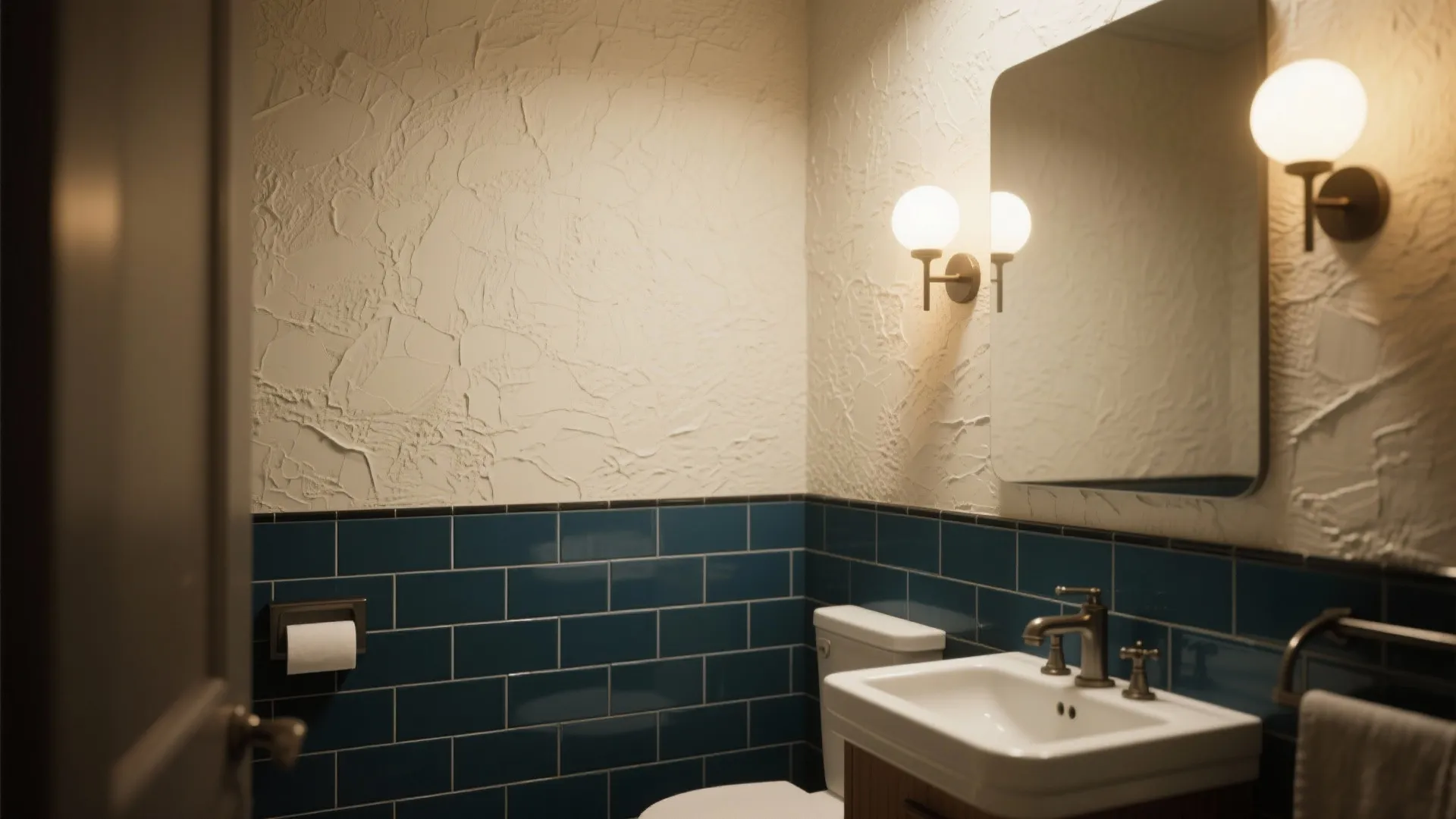 2. Half-Tiled Navy with Textured Upper Walls