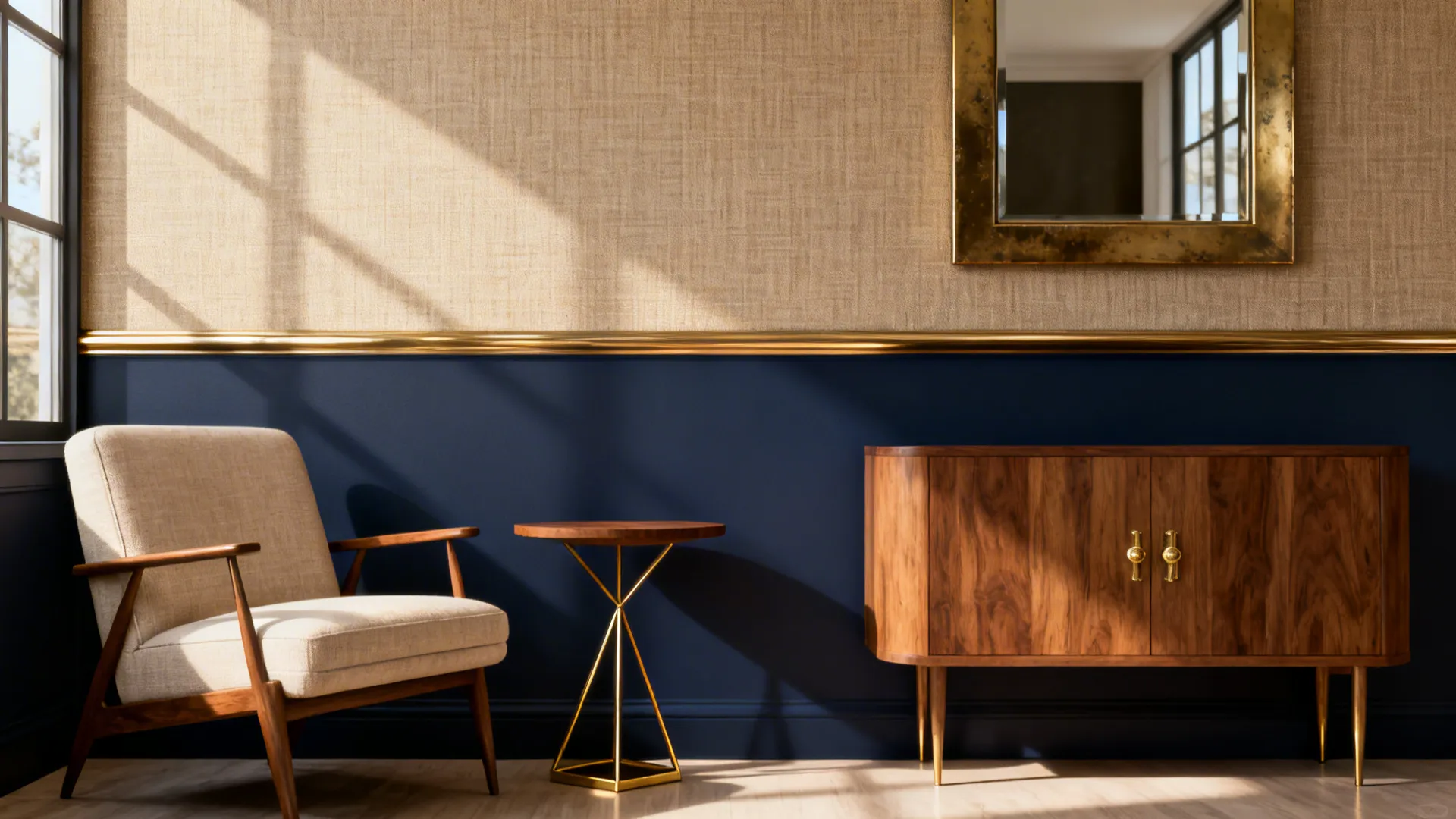 Room with navy lower wall and linen-pattern wallpaper above, showing texture and balance.