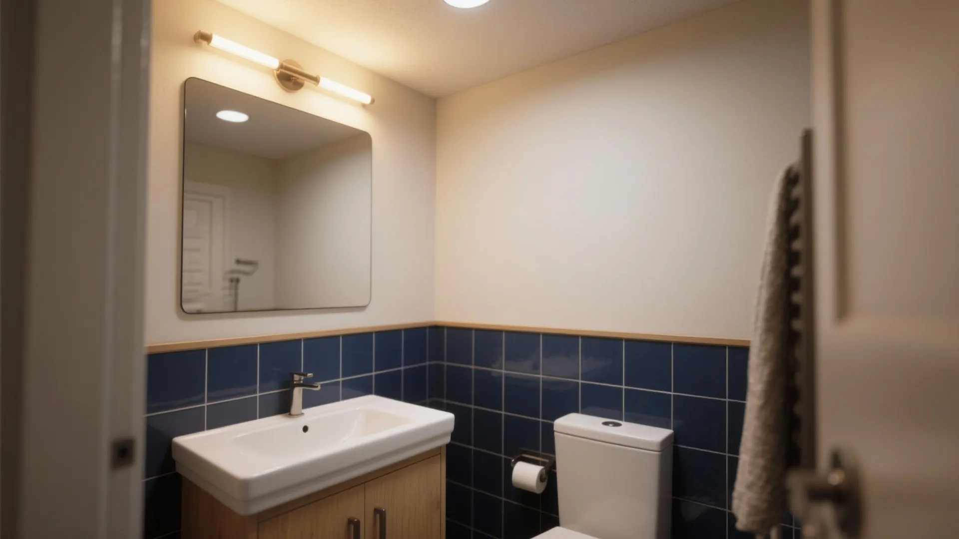 5. Navy tile as a half-wall + large mirror