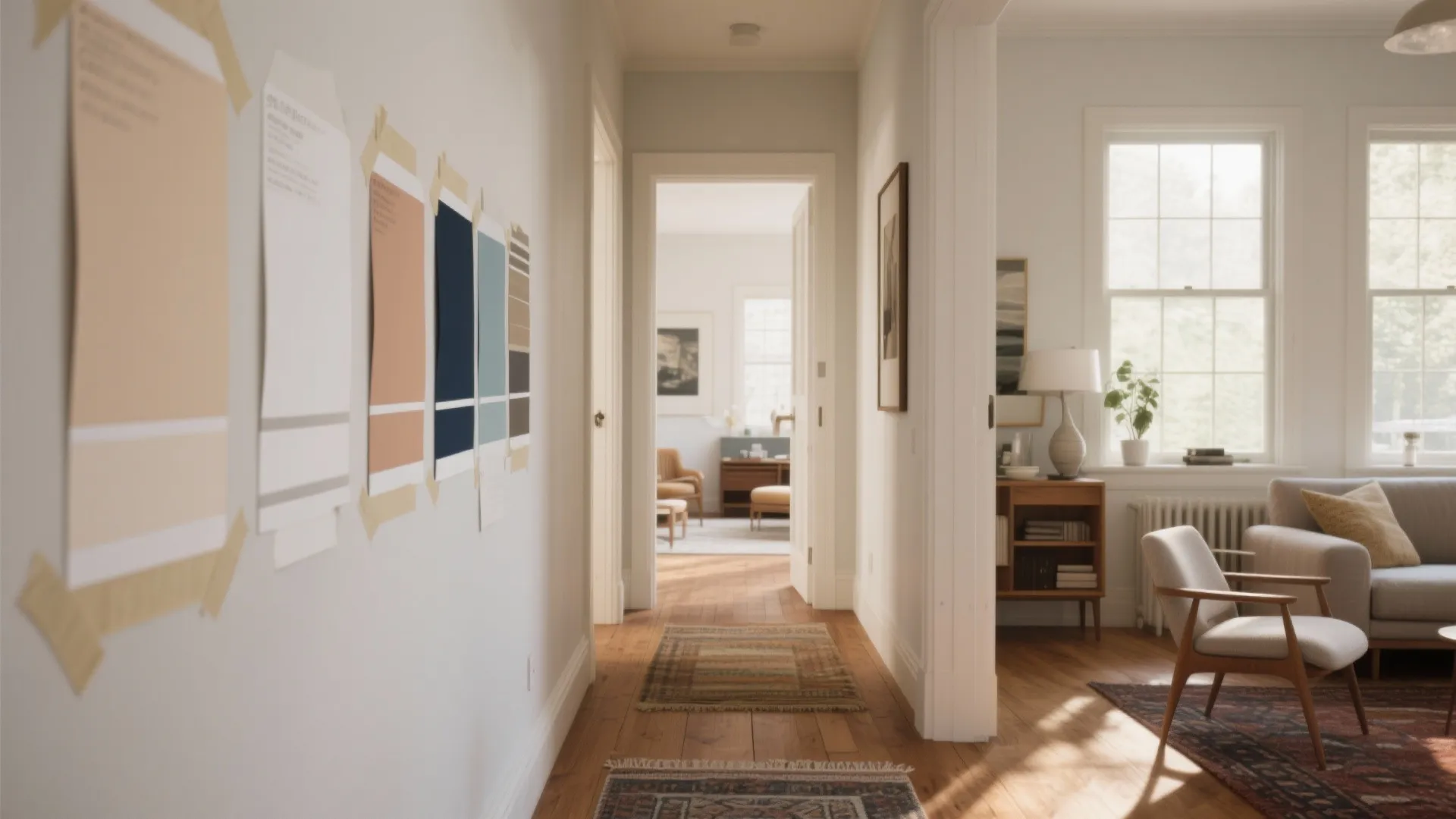 White hallway with color paint samples leading into bright living room with sofa and wooden floor