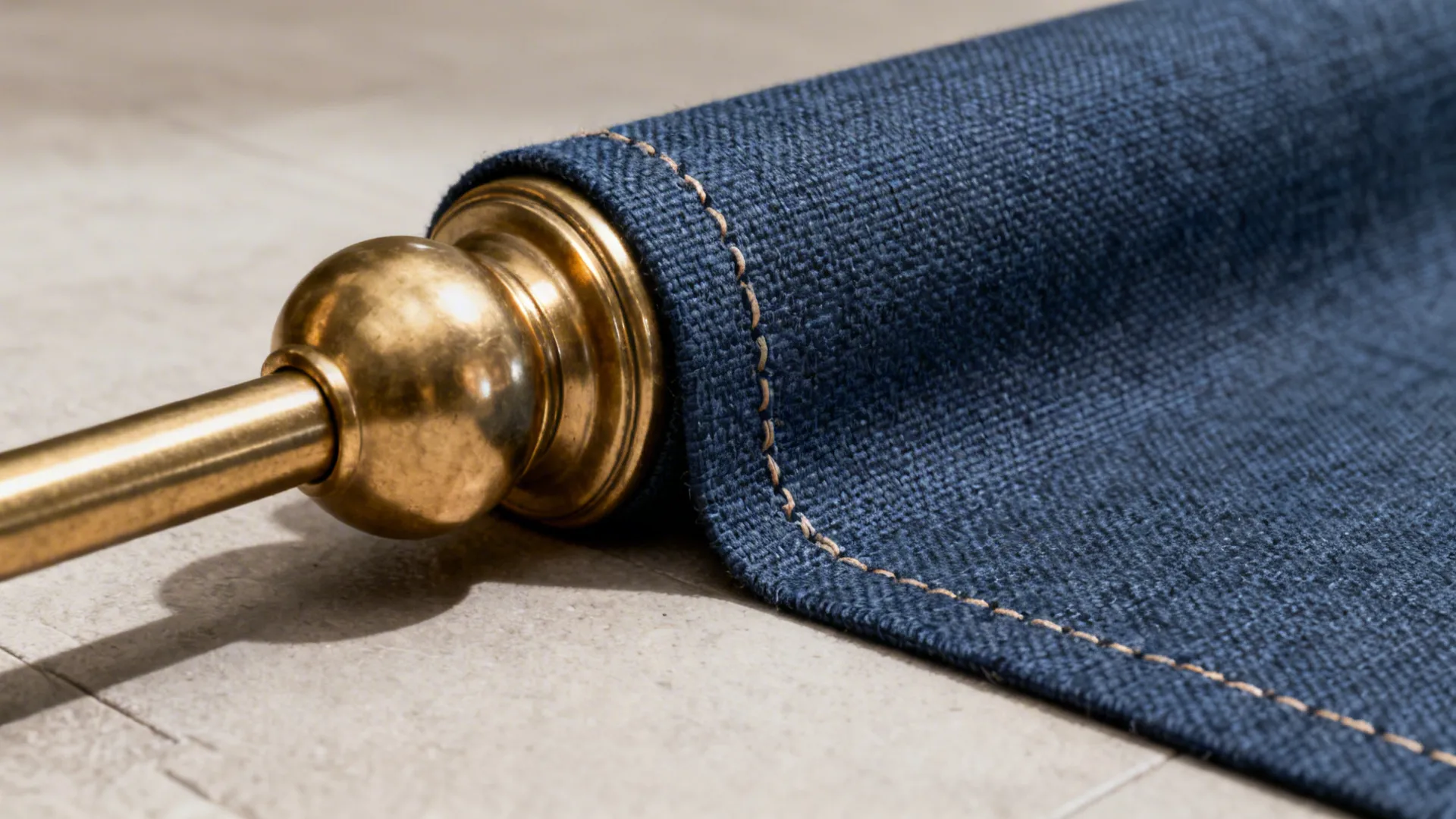 Gold metal curtain rod end detail with blue fabric on a light stone tile floor