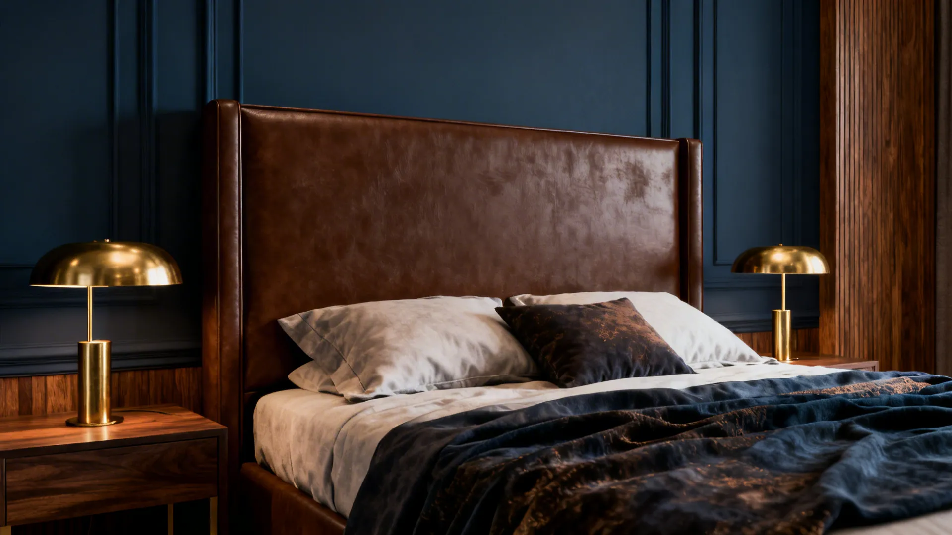 Elegant bedroom with brown leather headboard navy blue wall panel gold table lamps and wood nightstands