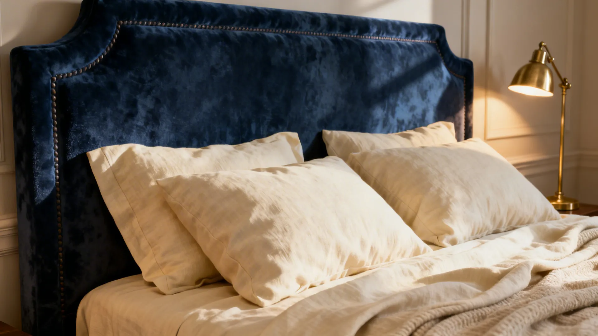 Close-up of a navy velvet headboard paired with cream linens and a brass lamp.