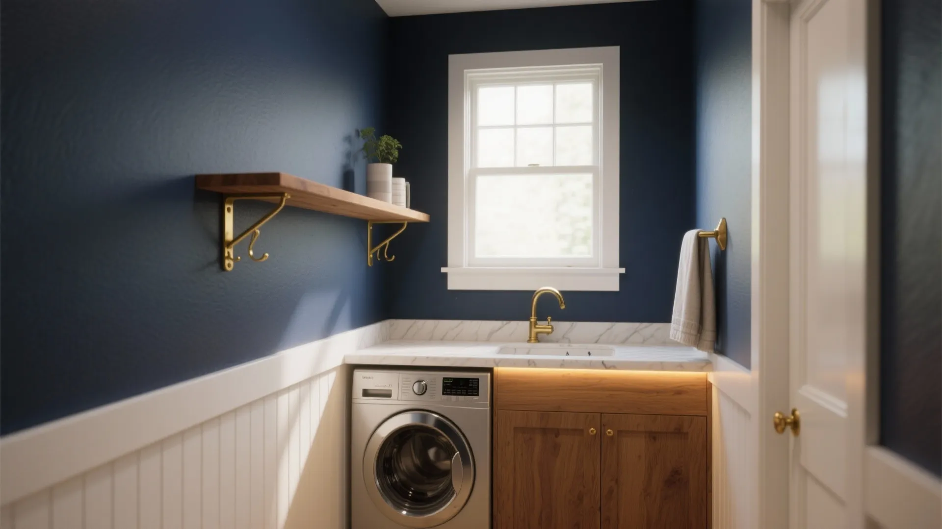 Small laundry room with navy blue walls white wall panels wooden cabinet and a silver washer