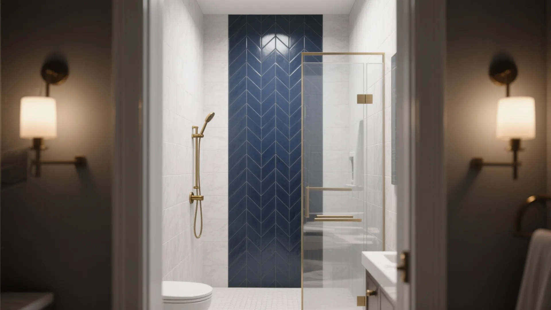 Navy Herringbone Shower Accent Wall