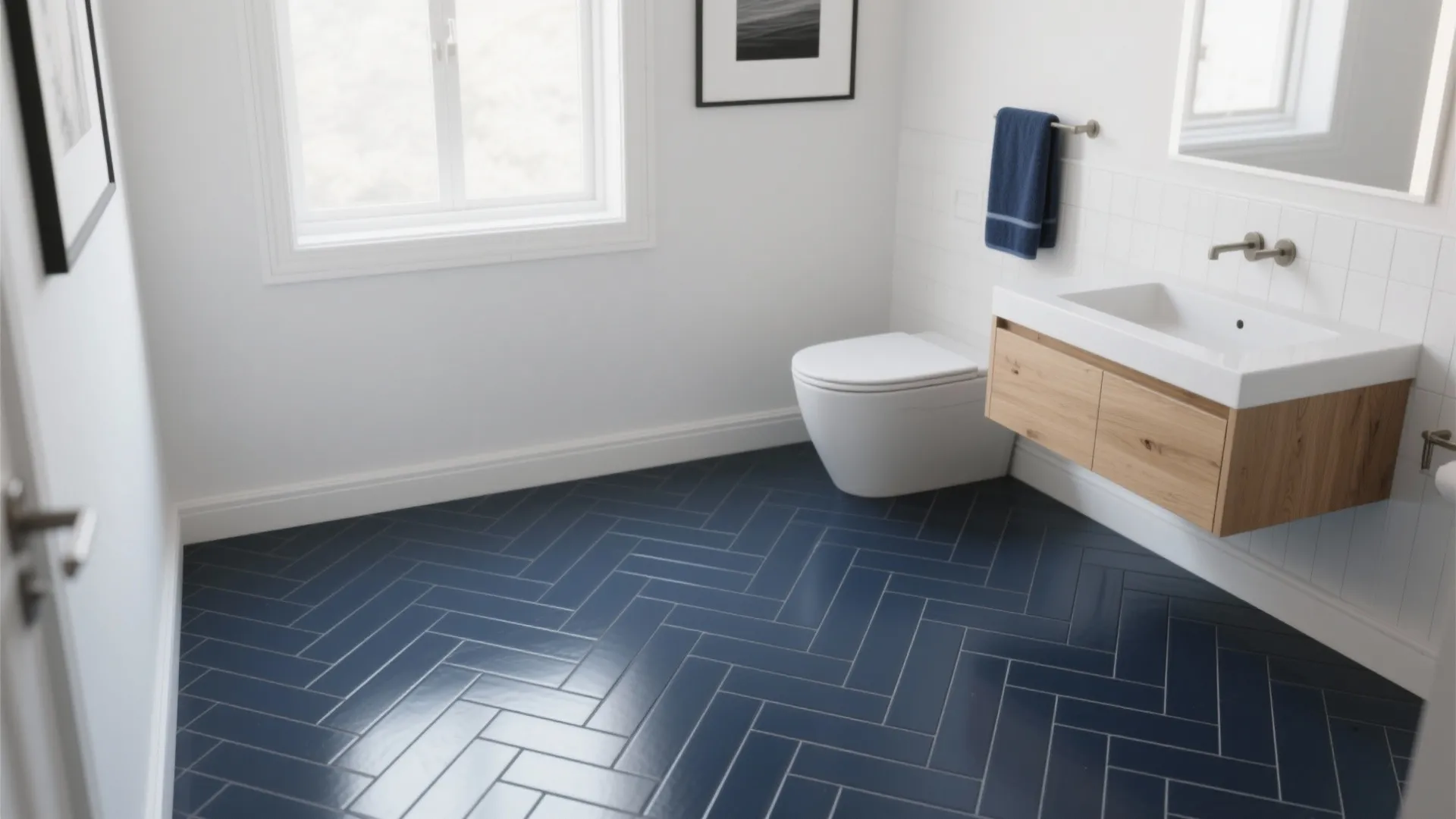 Navy Herringbone Floor with Crisp White Walls
