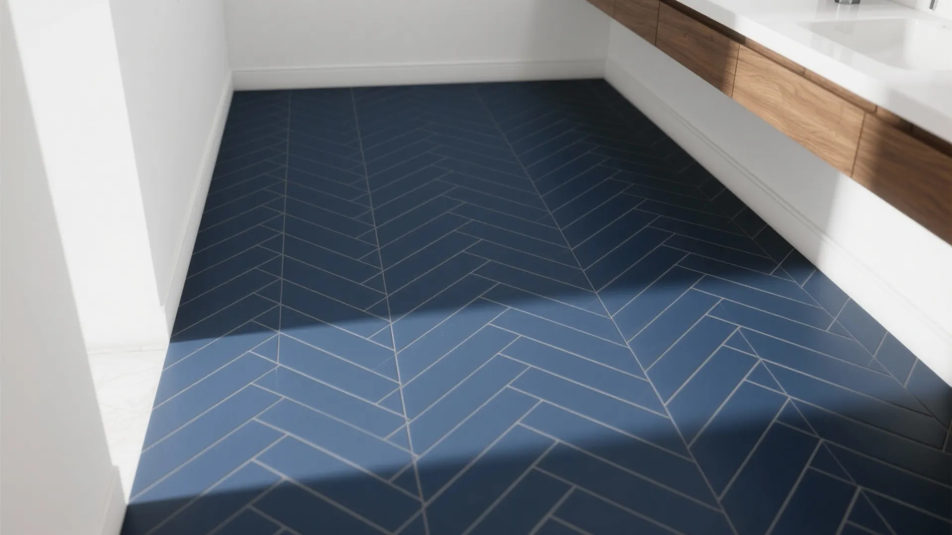 2) Navy herringbone floors for depth and drama