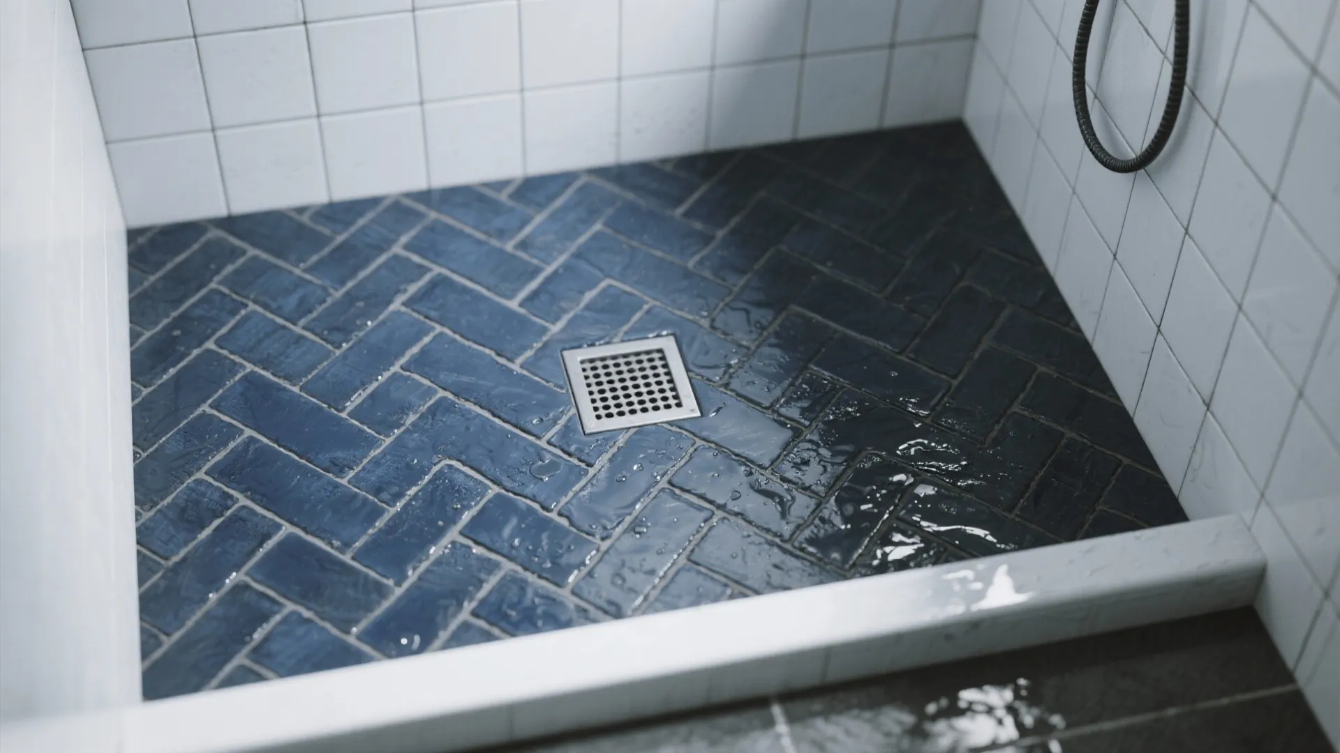 Shower floor with dark blue tiles in a pattern white wall tiles and metal drain