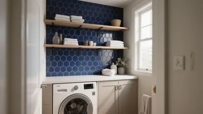 Blue Hex Tile Laundry Room with Open Shelving