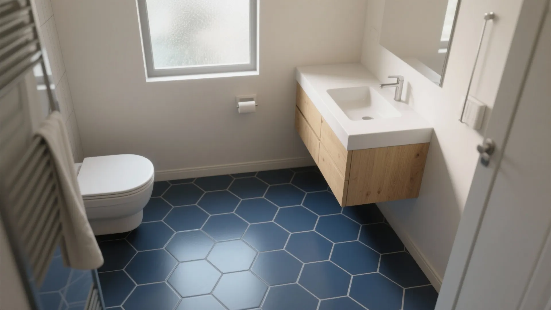 2. Navy hex tiles on the floor with pale walls