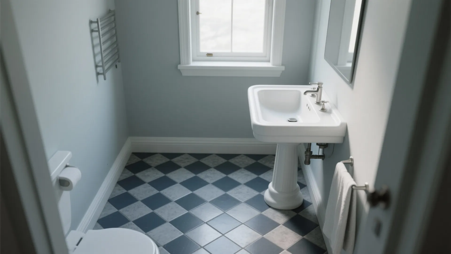 3. Navy Hex Tile Floor with Soft Gray Walls