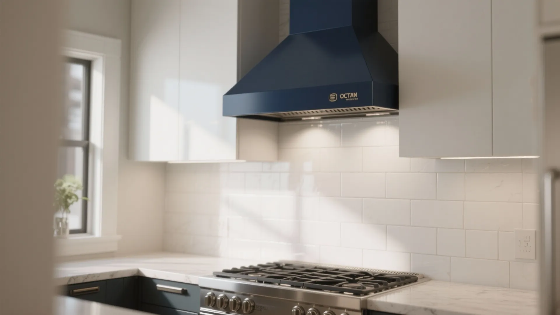 Galley kitchen with a matte navy range hood and white tile backsplash.