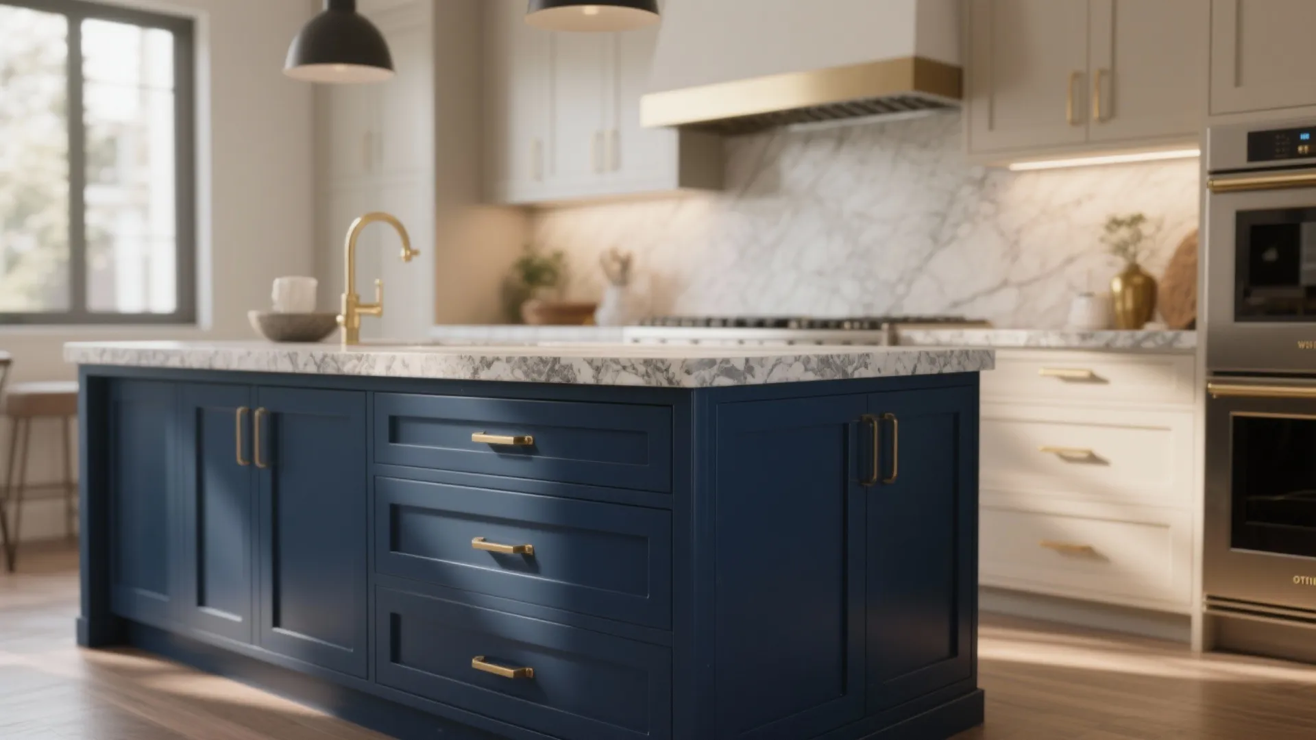 Kitchen island finished in elegant navy blue with pale surrounding cabinets and brass hardware.