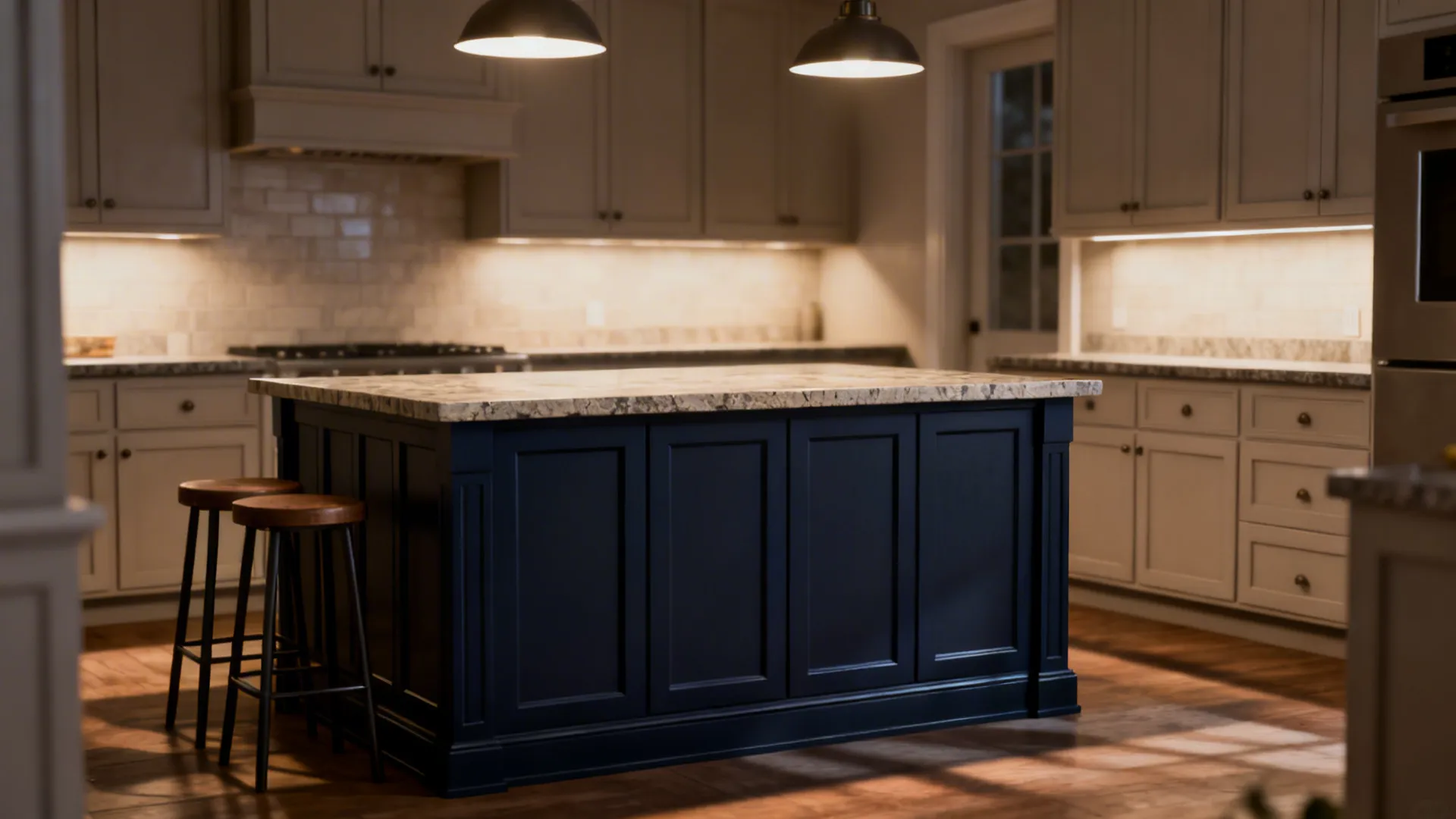 Small kitchen with a deep navy painted island as a bold focal point amid neutral cabinets.