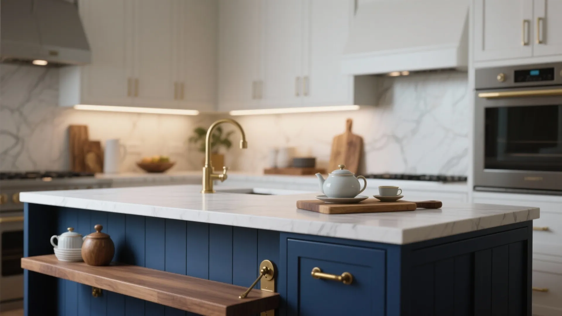 1. Navy island + brass accents