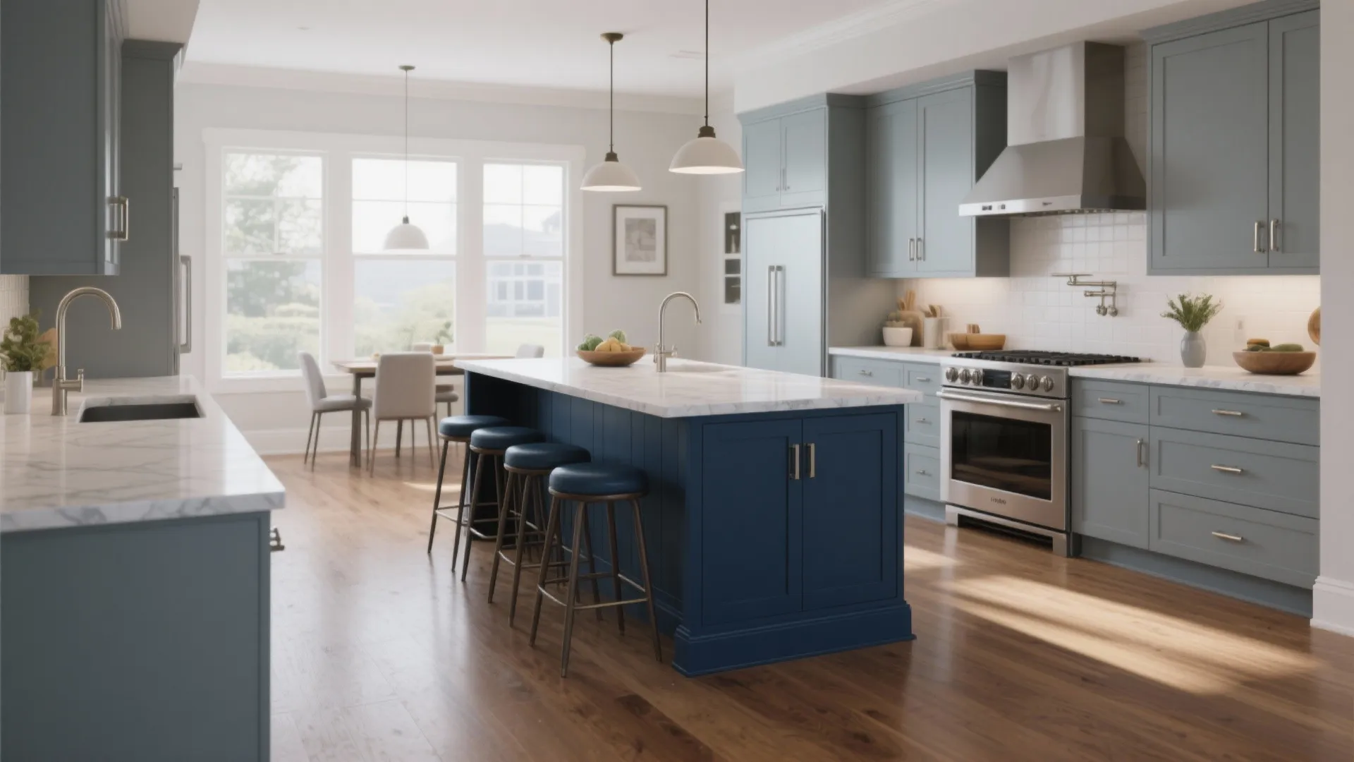 Modern kitchen with navy blue island, marble tops, grey cabinets, wooden floor and ceiling lights