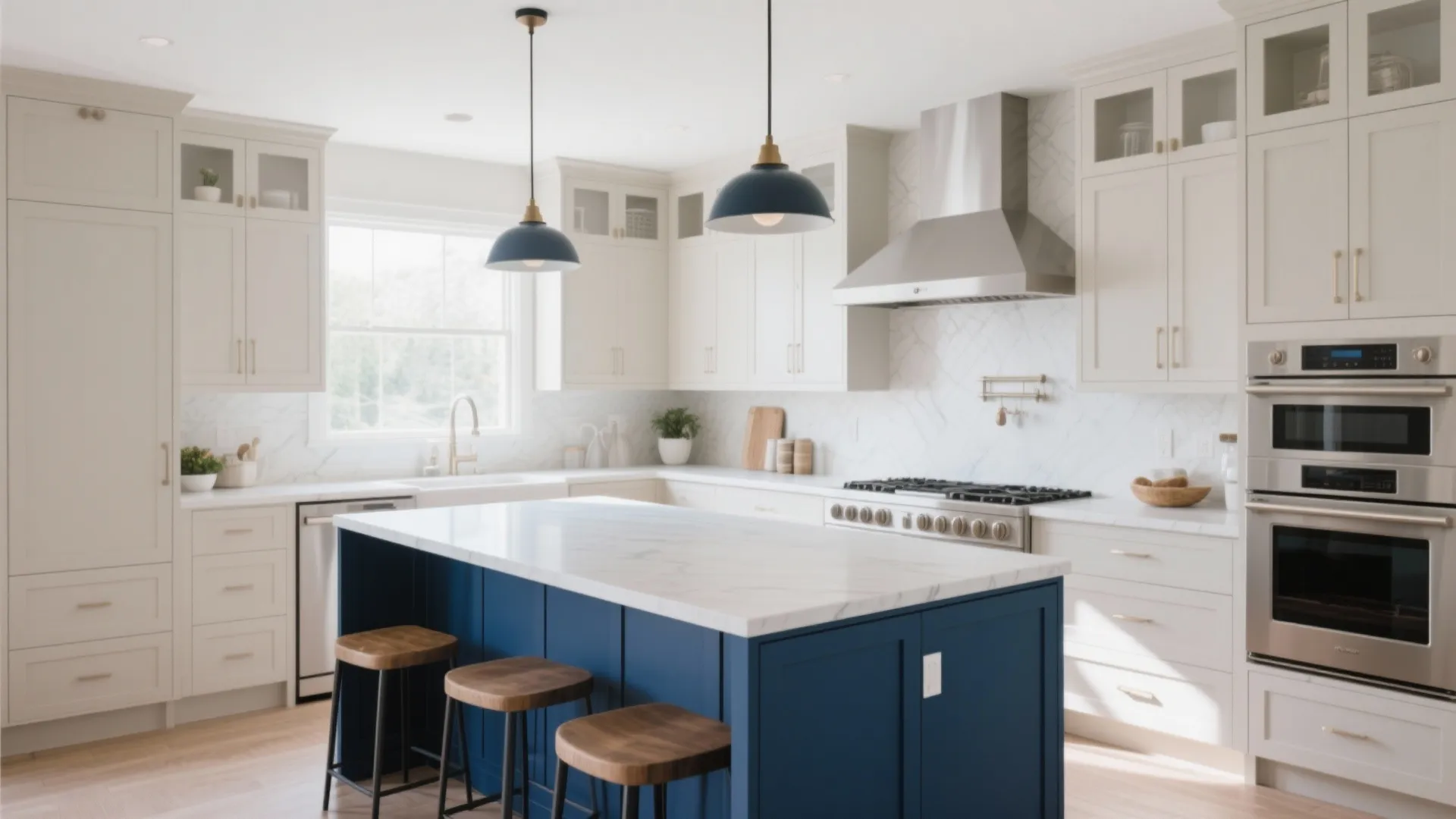 Kitchen with light cabinets and navy island centerpiece