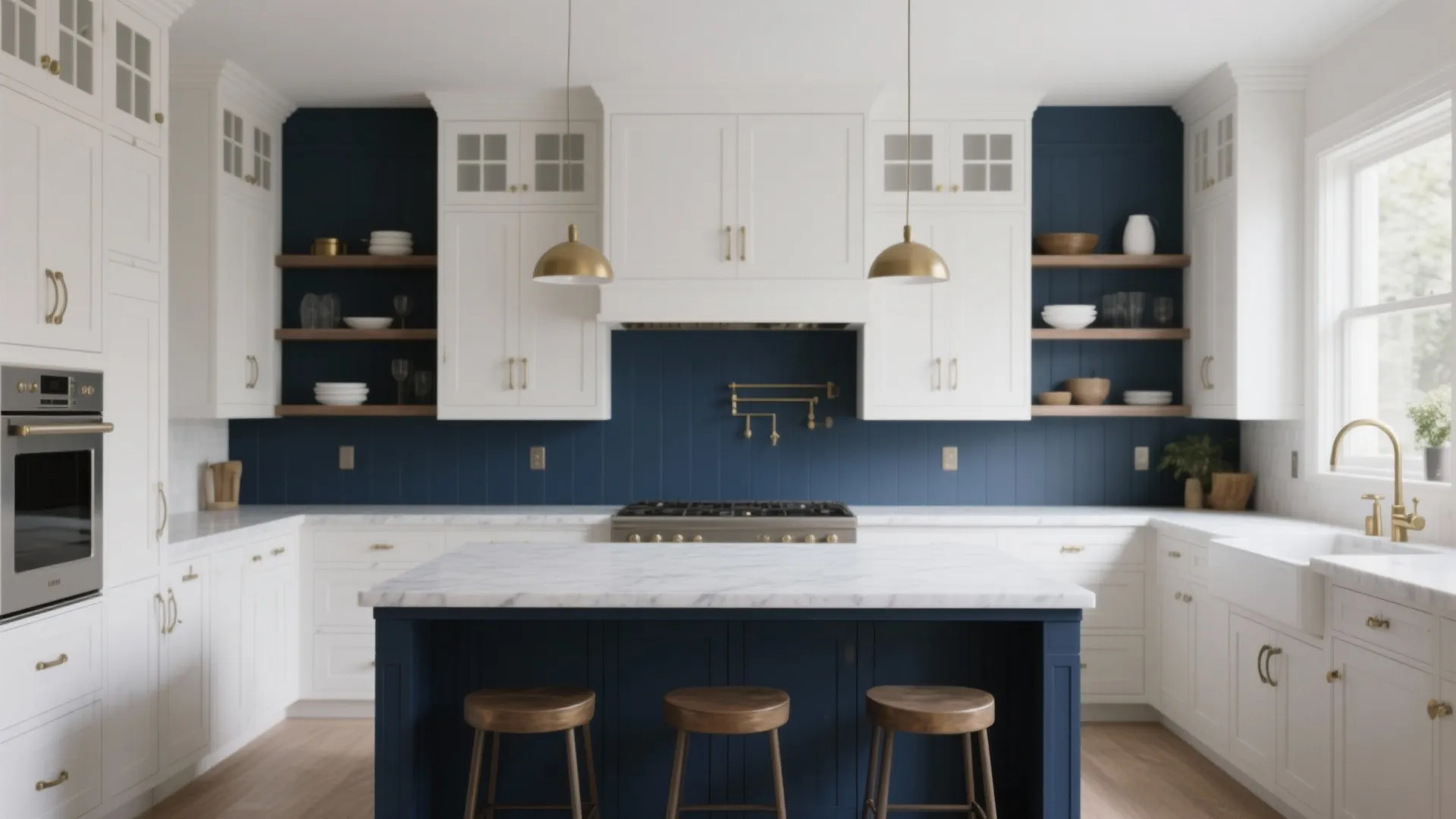 Modern kitchen with antique white cabinets and a deep navy island anchored by open shelving