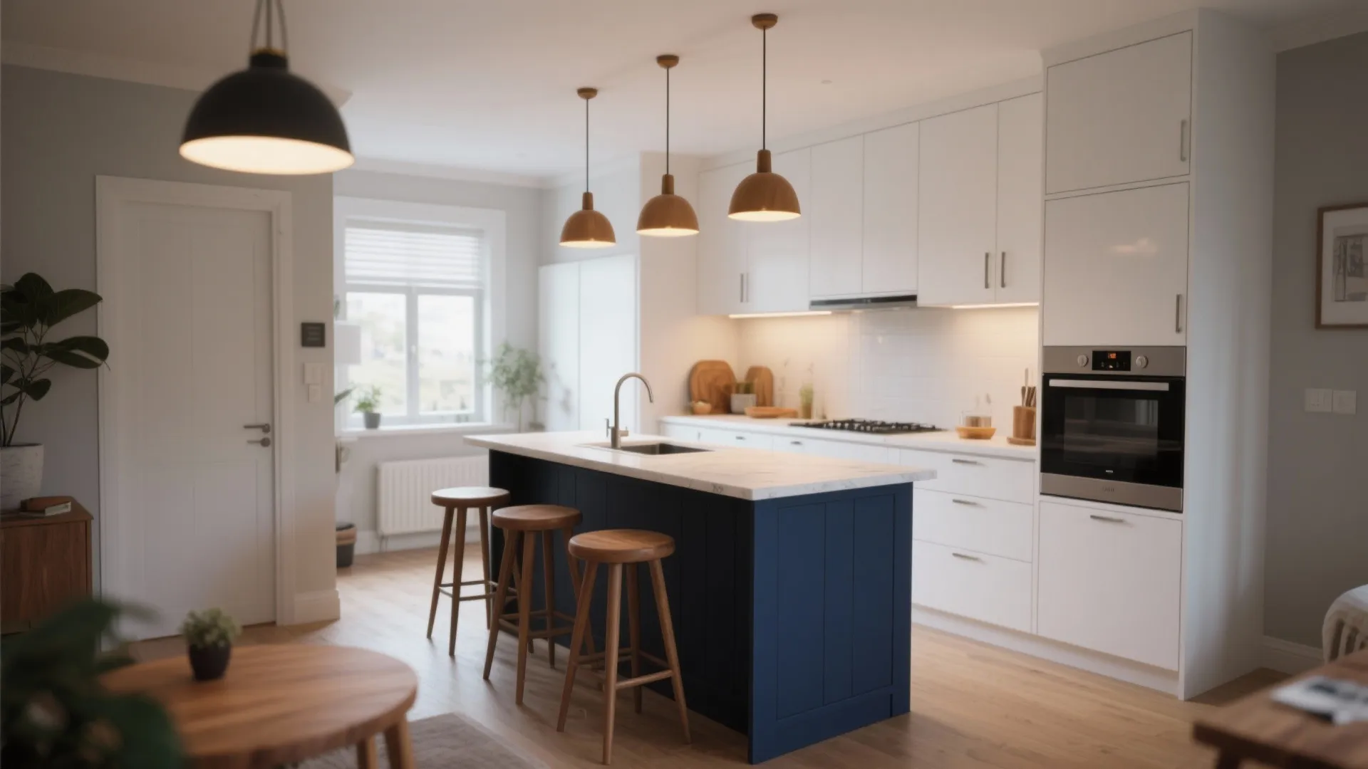 Modern white kitchen featuring a navy blue island, wooden stools, gold ceiling lights, and oven