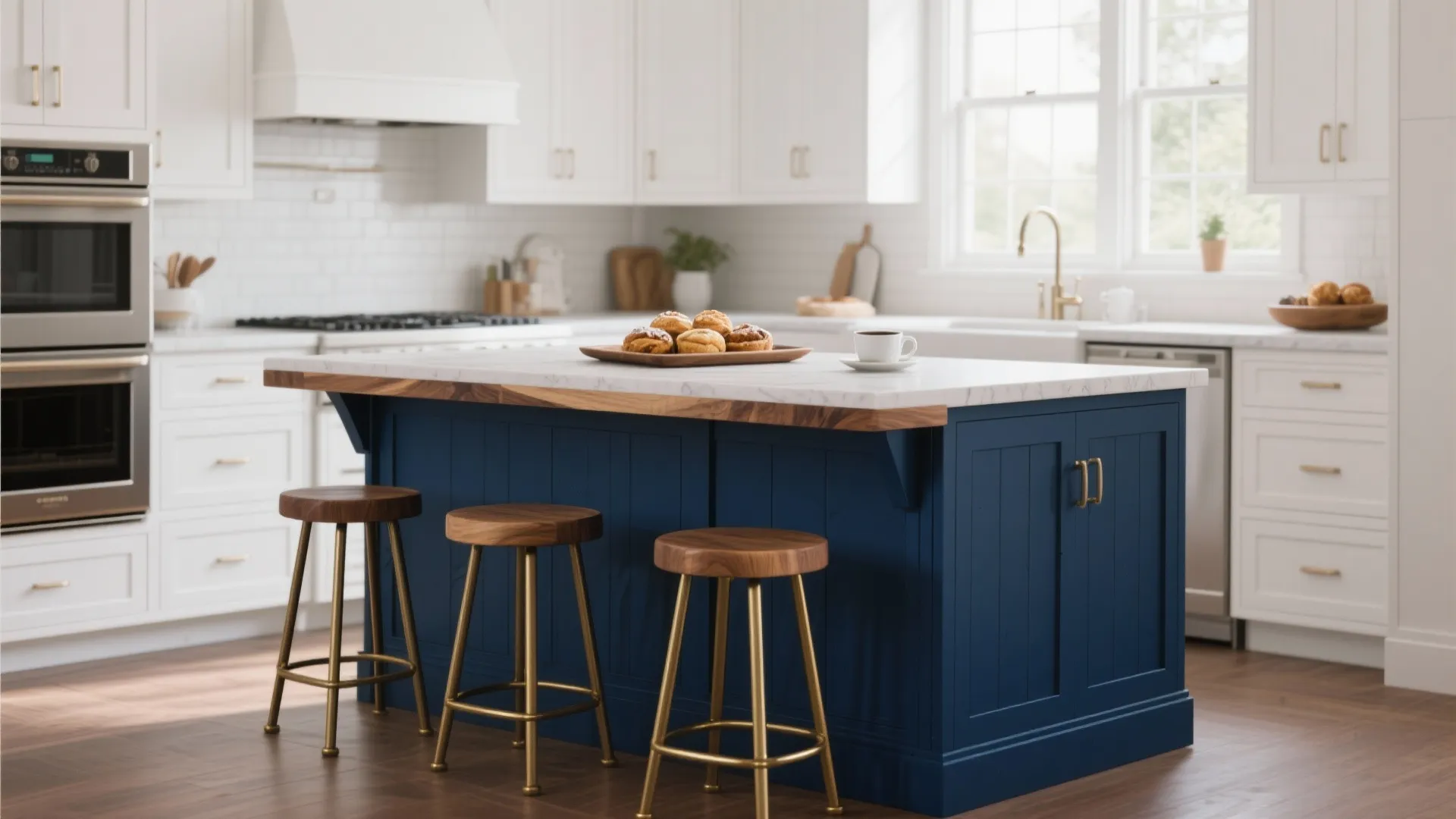 2. White Shaker Cabinets with Navy Island