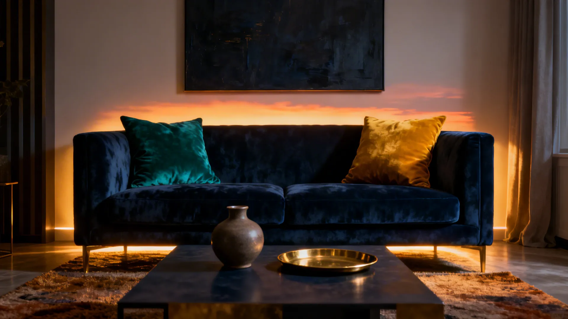 Modern living room featuring navy blue sofa with green and yellow pillows and warm lighting